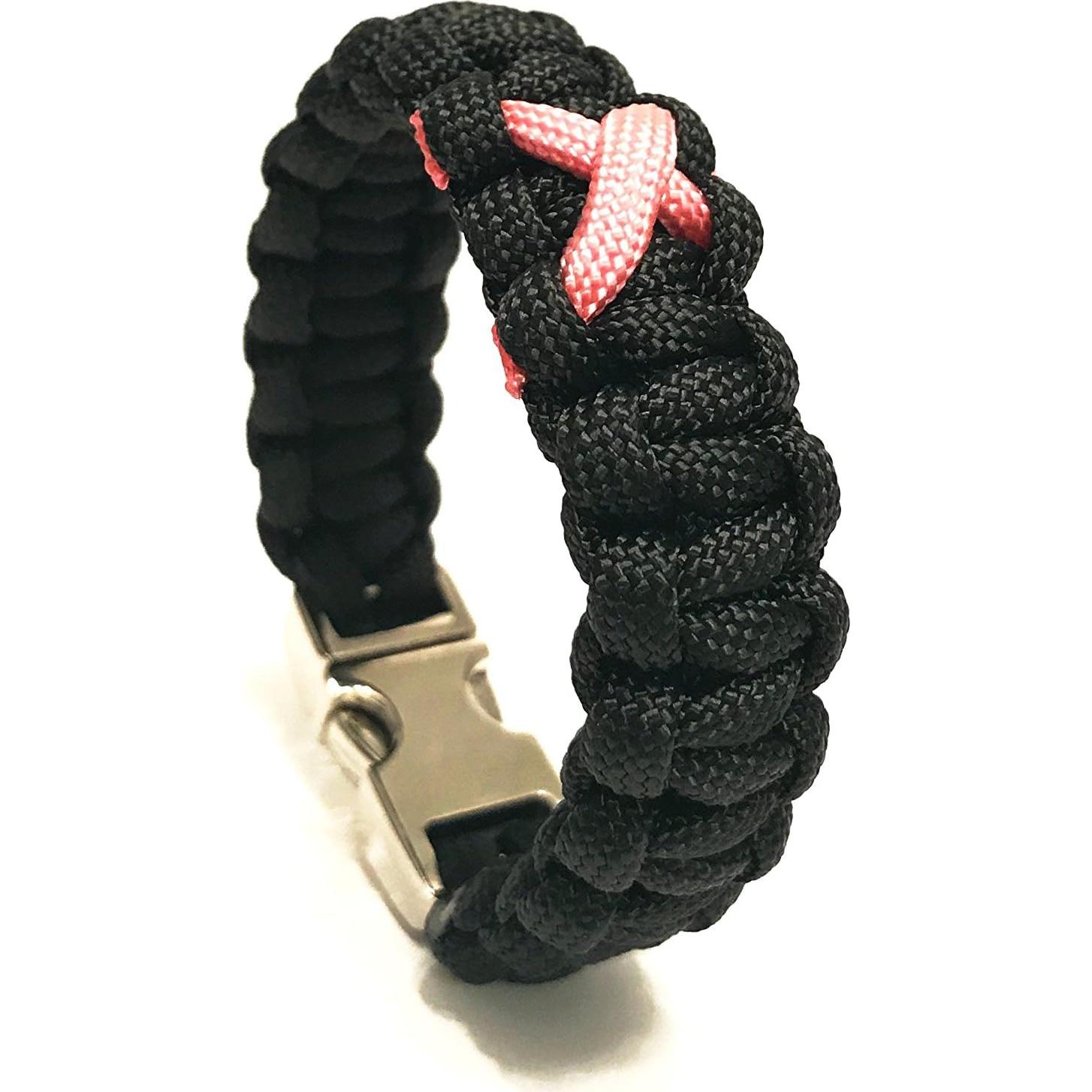 Pulsera de Supervivencia Tru550 Negra con Cinta Rosa 7.5"
