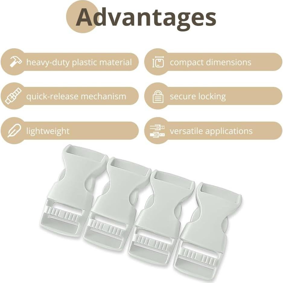 Hebillas de Plástico Clip Liberación Lateral 4 Pzs 15 mm Gris Claro