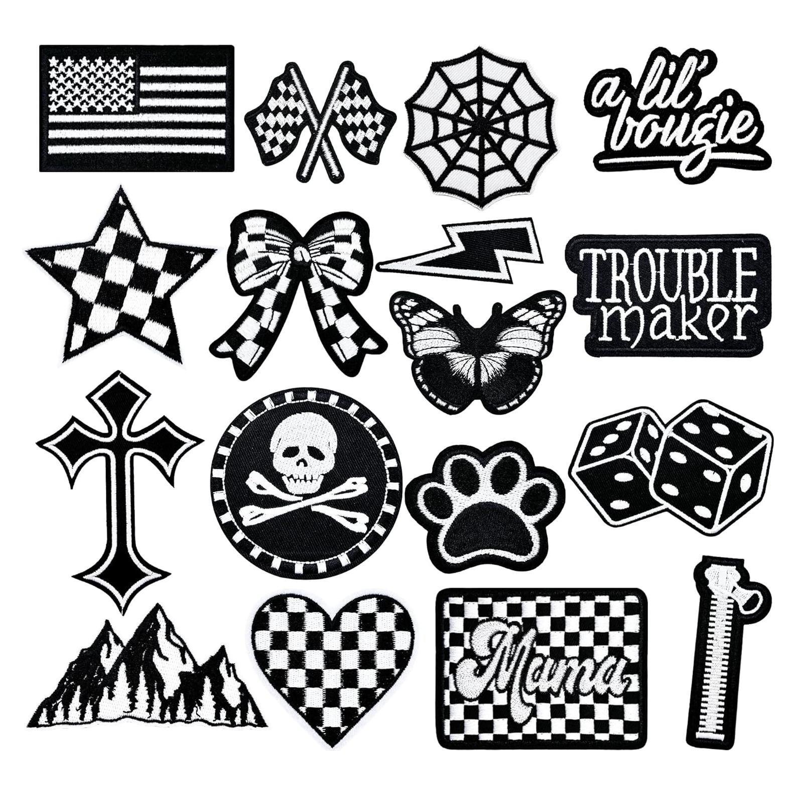 16 Parches Bordados de Hierro Negro y Blanco Crocode Tears