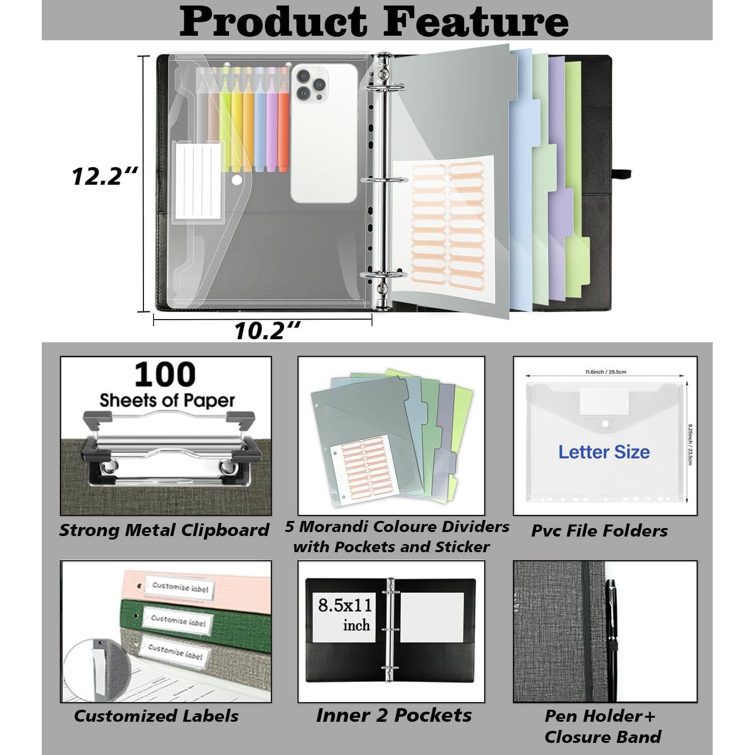 Carpeta de 3 Anillos BVSSX 1 Pulgada Cuero Lino Gris Oscuro