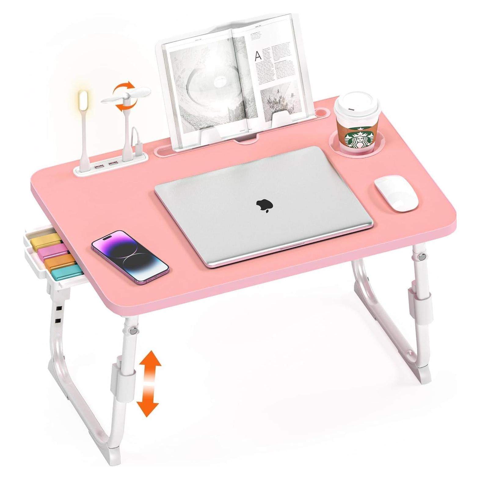 Mesa de cama ajustable DECOSIS Rosa con USB y almacenamiento