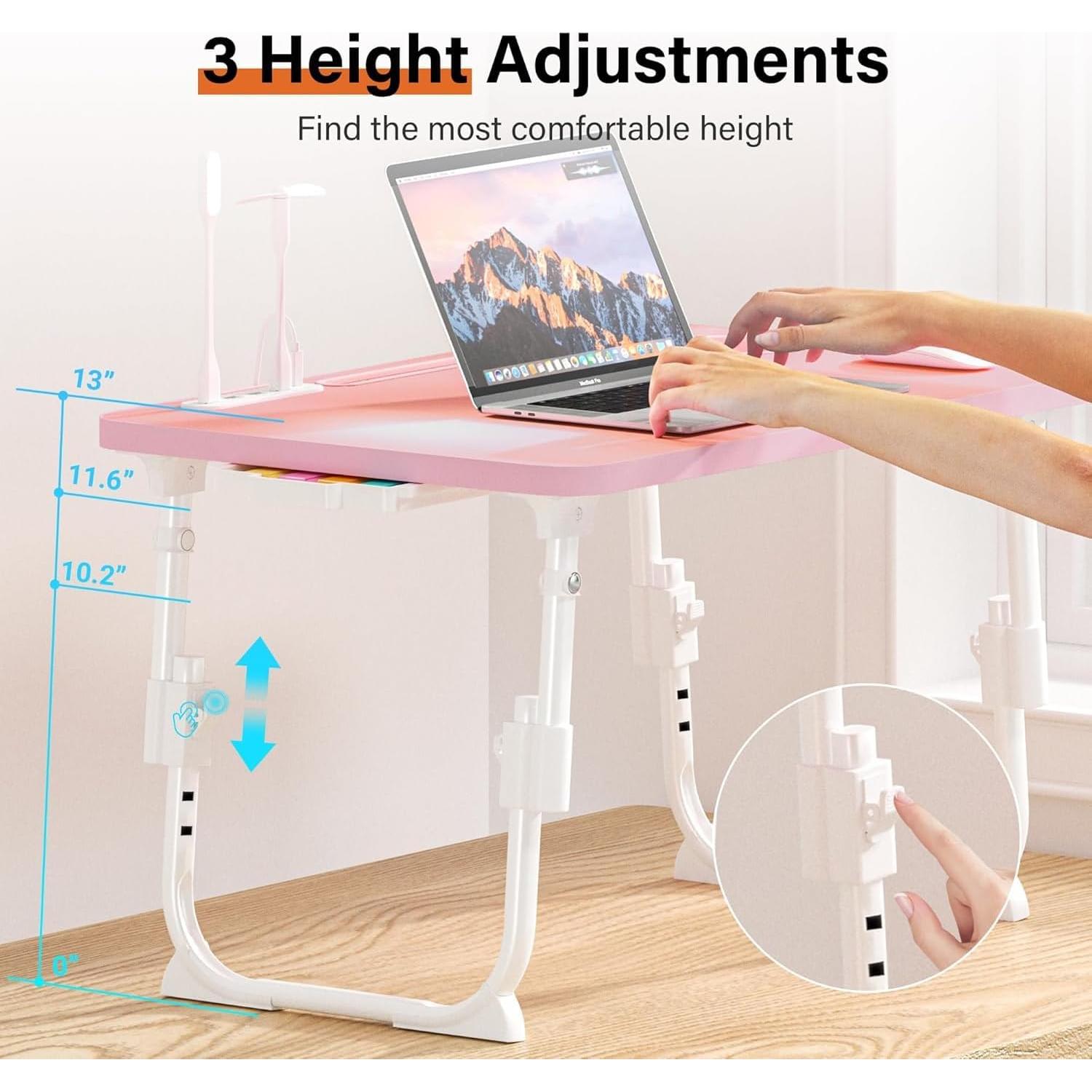 Mesa de cama ajustable DECOSIS Rosa con USB y almacenamiento