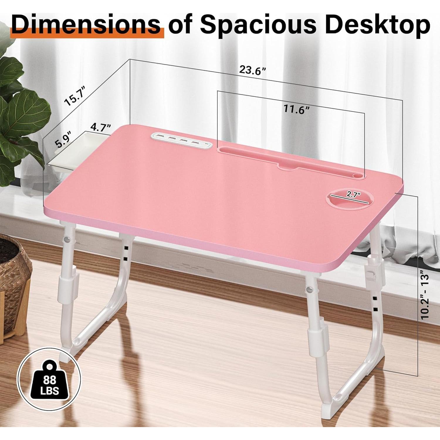 Mesa de cama ajustable DECOSIS Rosa con USB y almacenamiento