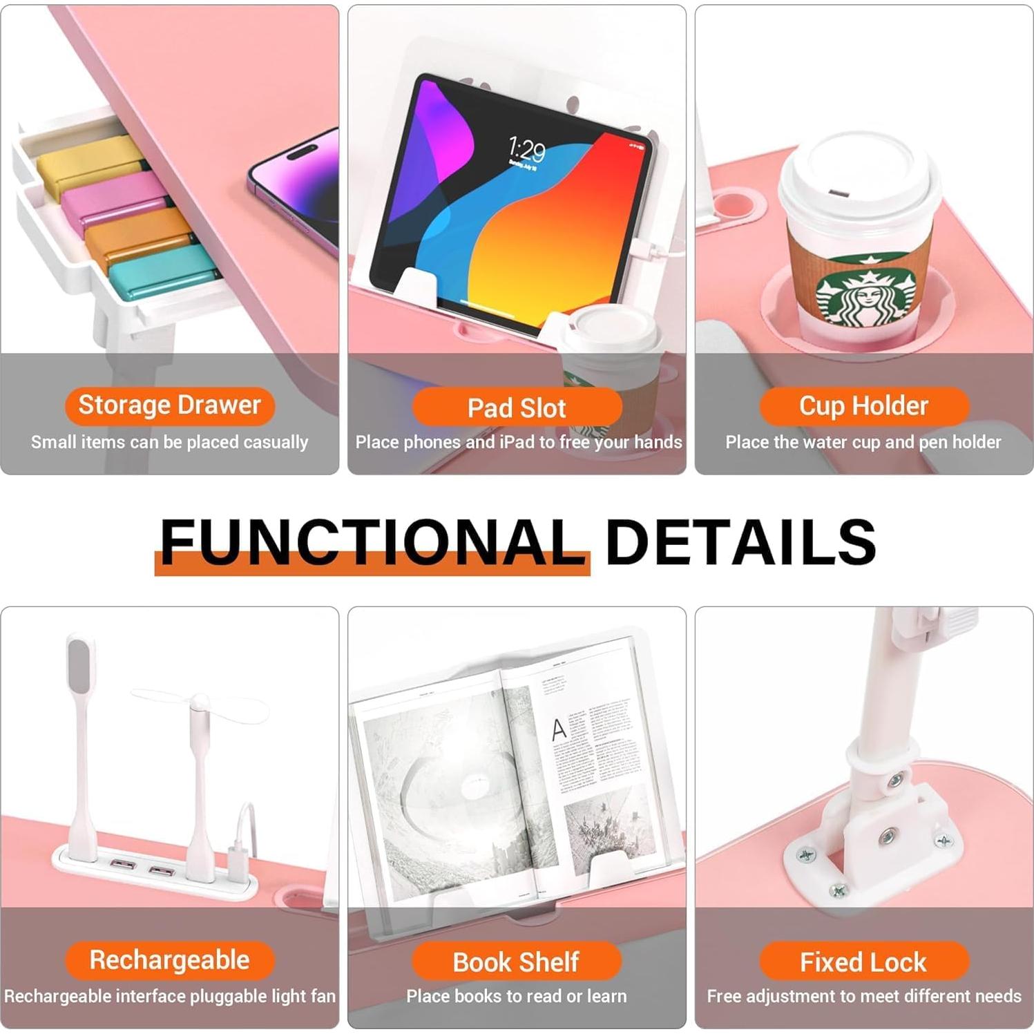 Mesa de cama ajustable DECOSIS Rosa con USB y almacenamiento