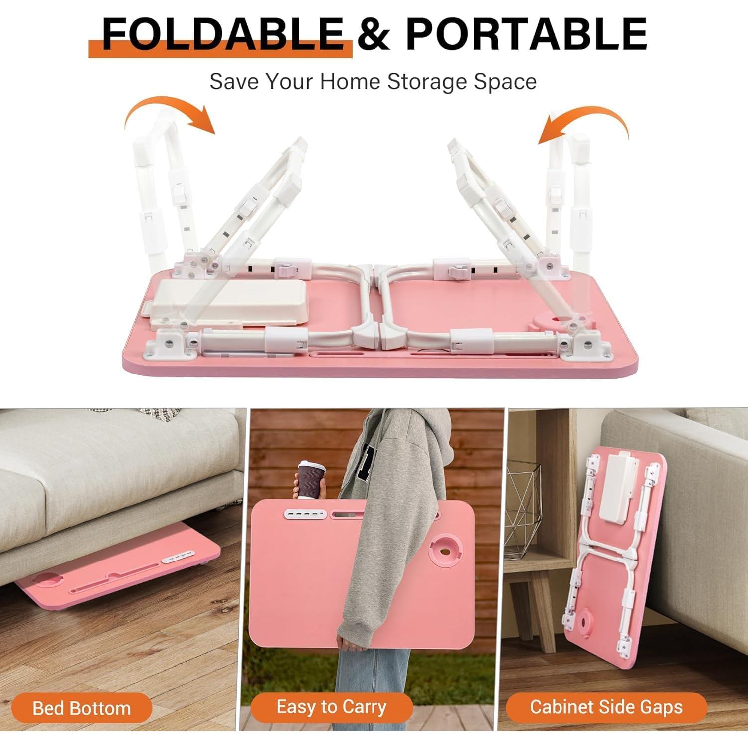 Mesa de cama ajustable DECOSIS Rosa con USB y almacenamiento