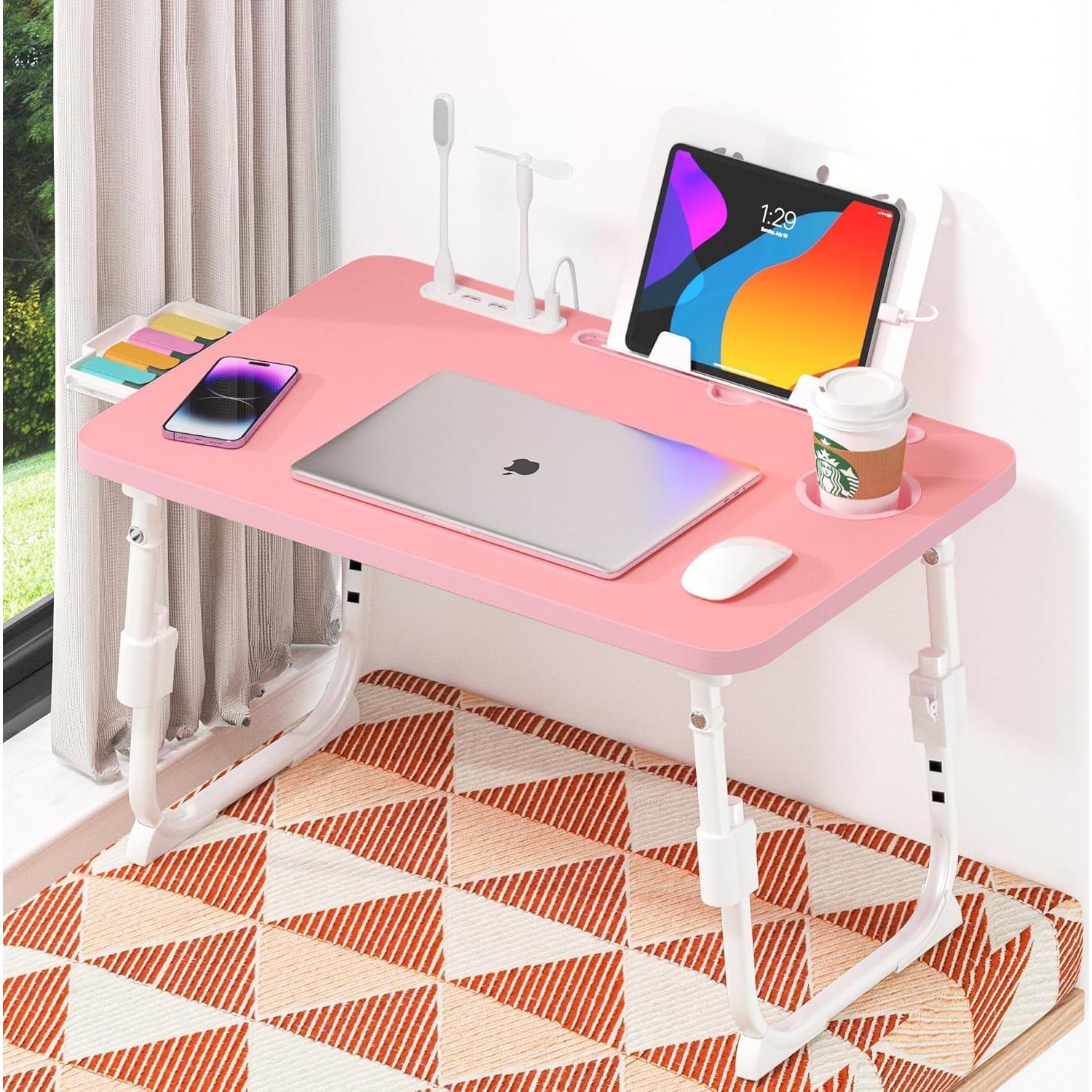 Mesa de cama ajustable DECOSIS Rosa con USB y almacenamiento