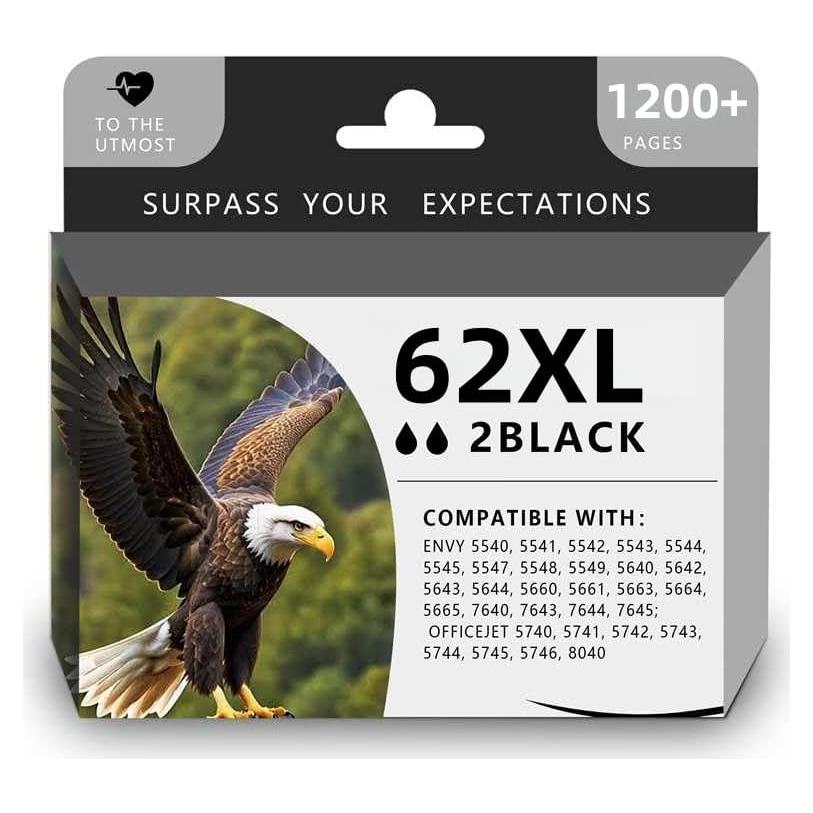 Cartucho de tinta negra 62XL PFKink para HP Envy y OfficeJet (2 unidades)