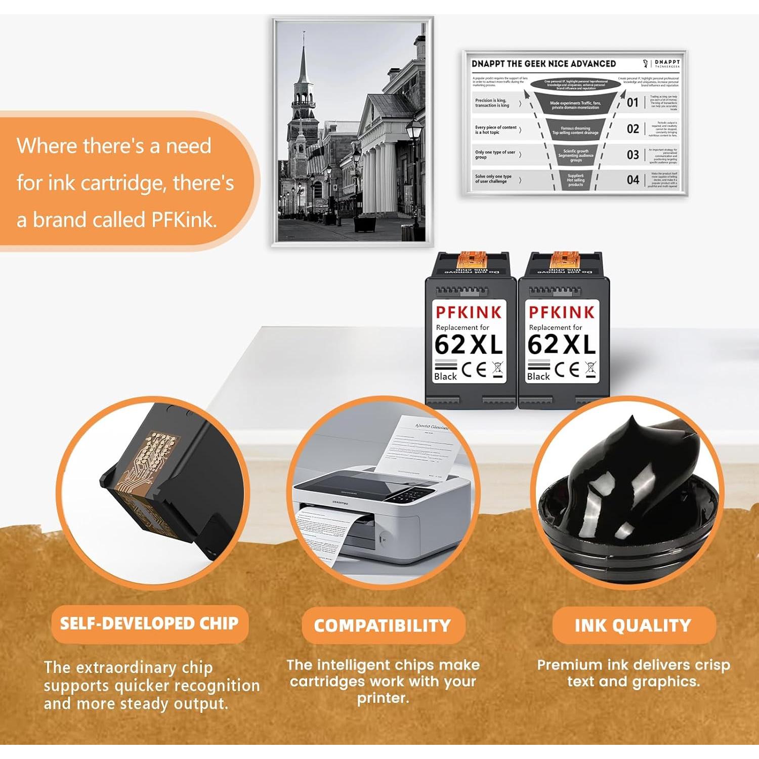 Cartucho de tinta negra 62XL PFKink para HP Envy y OfficeJet (2 unidades)