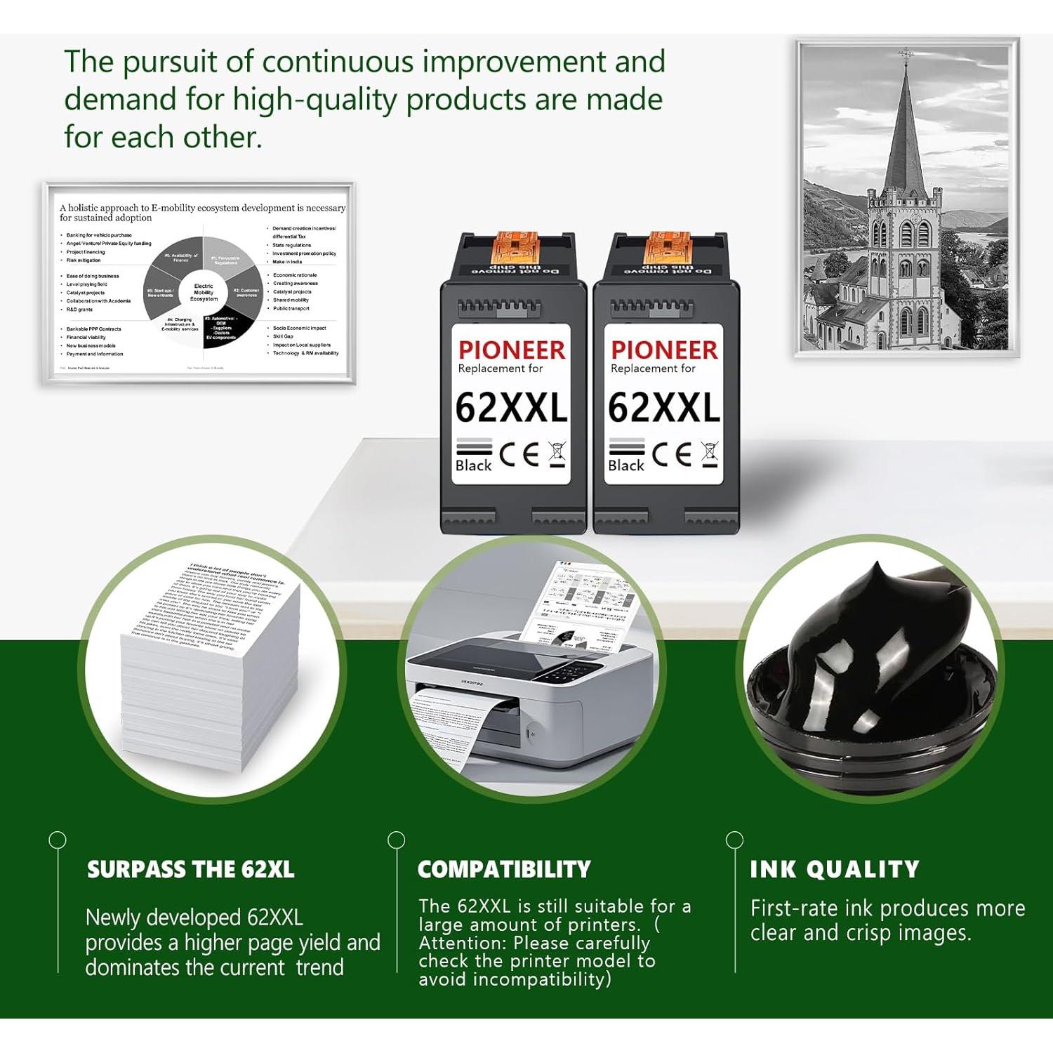 Cartuchos de tinta negra PFKink 62XXL para HP - 2 unidades