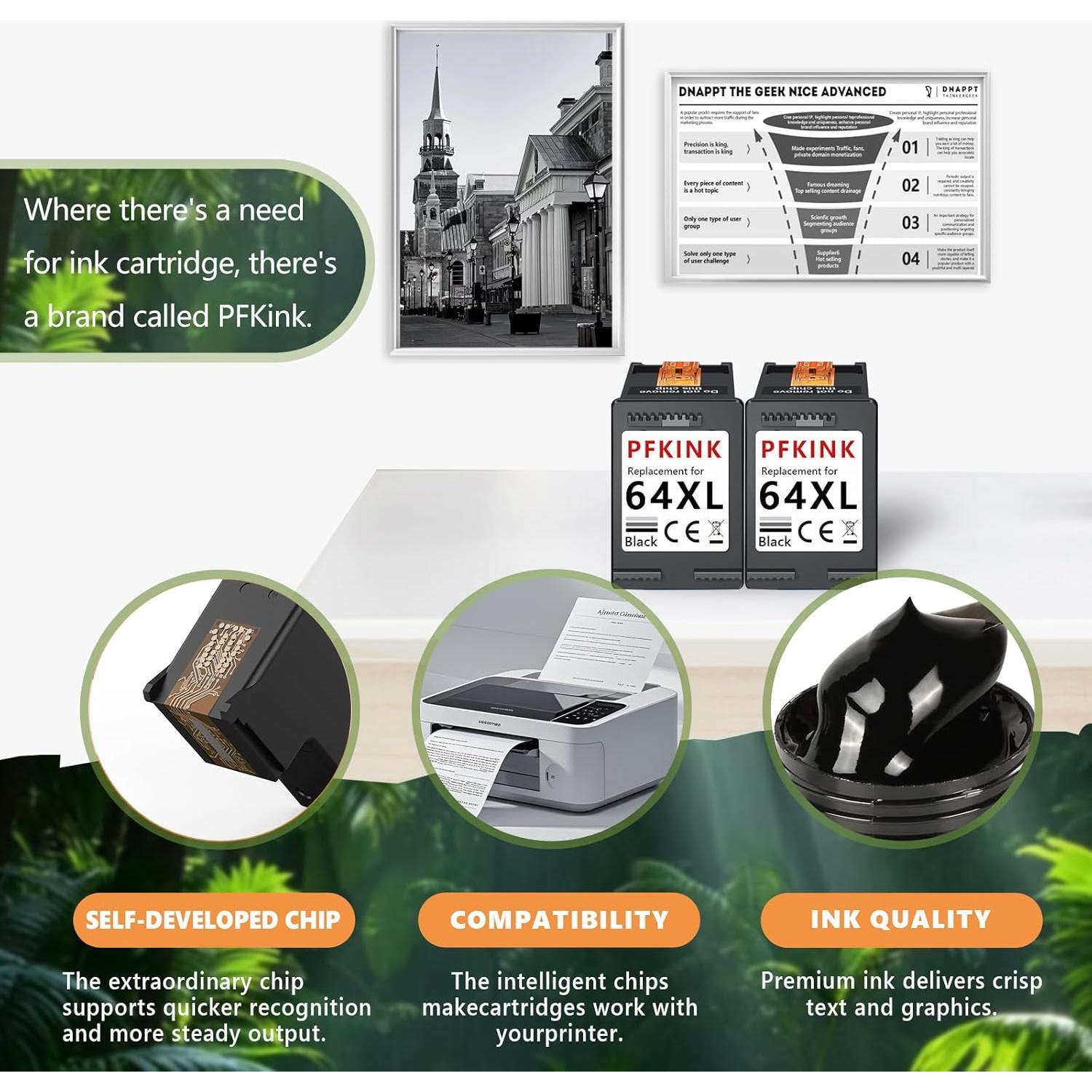 Cartuchos de tinta negra PFKink 64XL para impresoras Envy