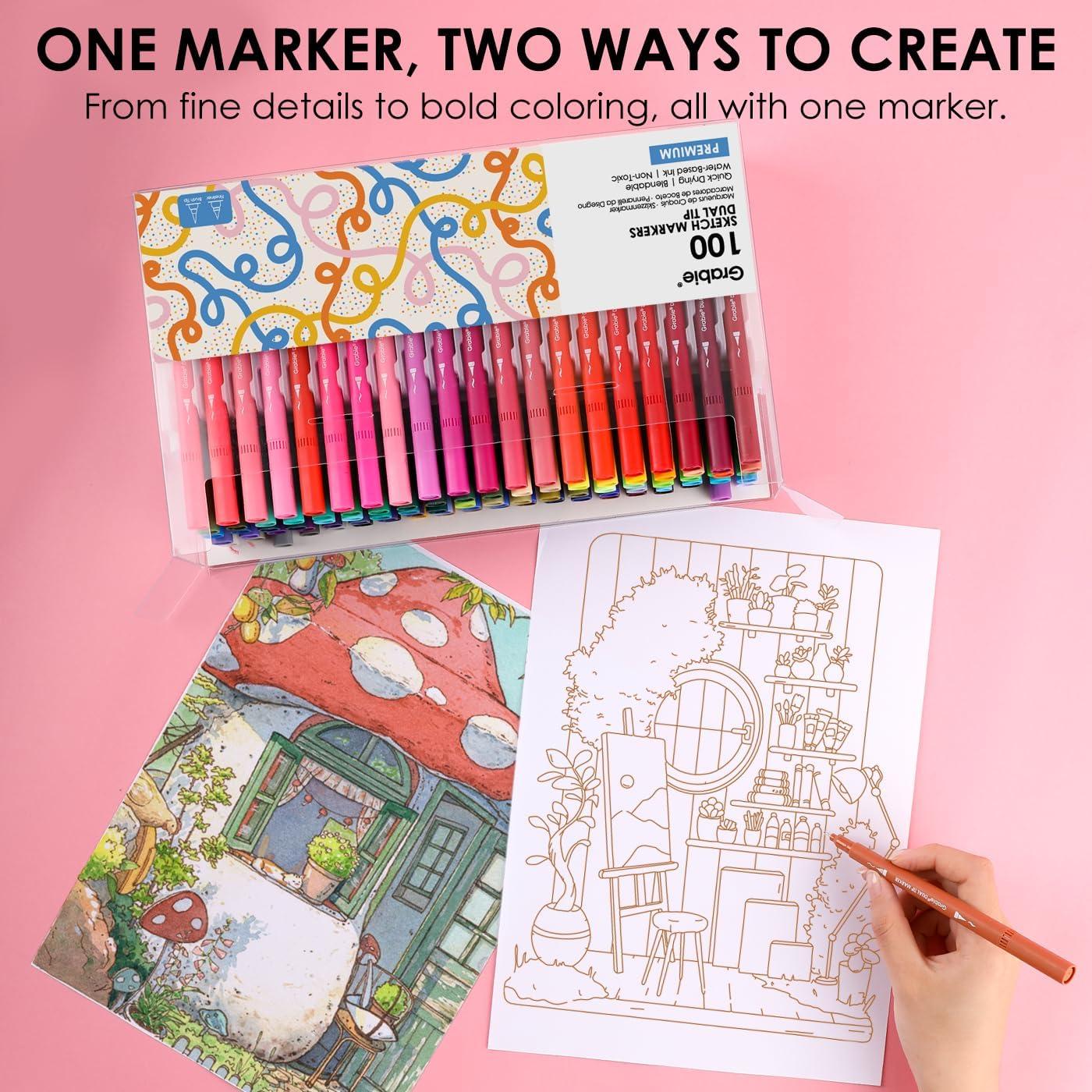Juego de 100 Marcadores de Dibujo Grabie Doble Punta Multicolor