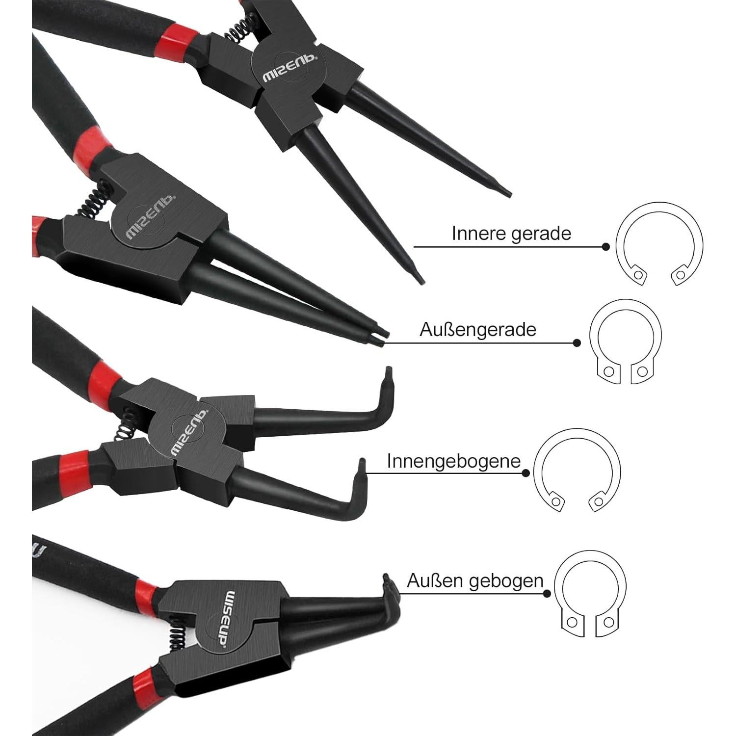 WISEUP Juego de Pinzas de Anillo de Snap 4PCS 7" Acero Carbono