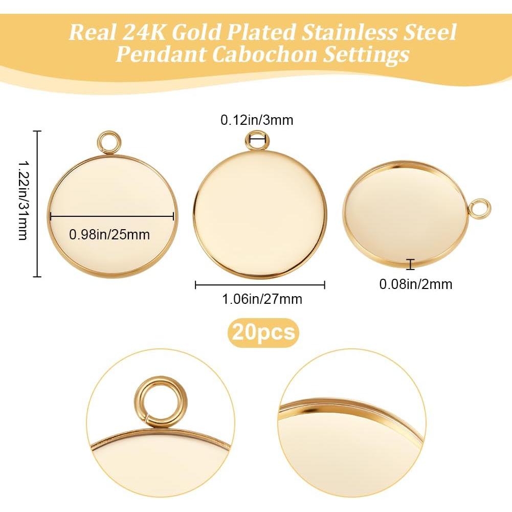 Caja 20 Pcs Bandejas Colgantes Bezel 25mm Beebeecraft Oro 24K