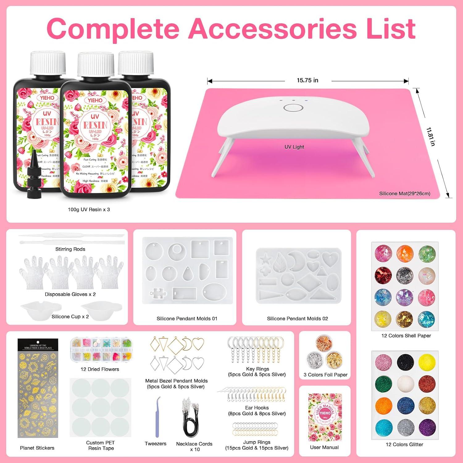 Kit de Resina UV YIEHO 300g con Luz y Moldes para Joyería