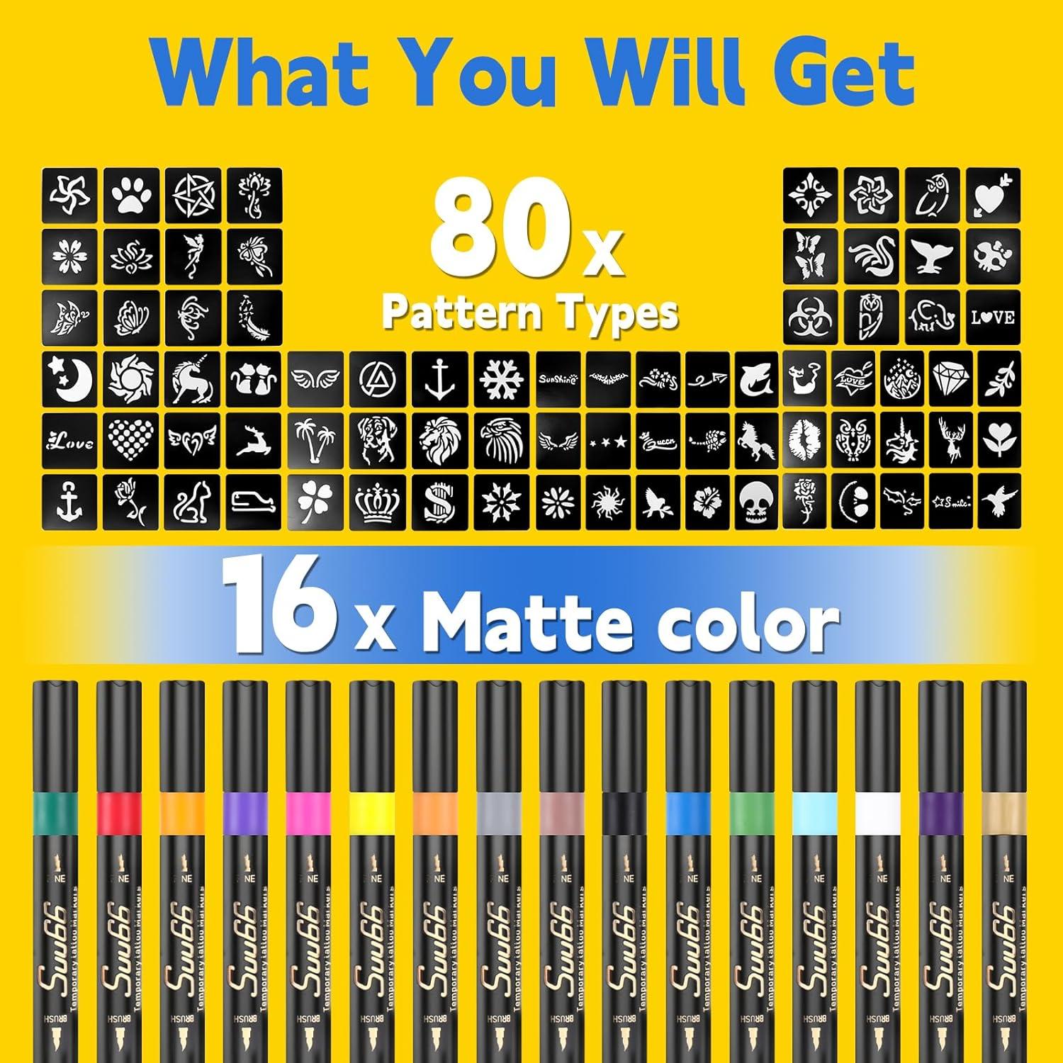 Kit de Marcadores de Tatuajes Temporales Suu66 - 16 Colores, 80 Plantillas