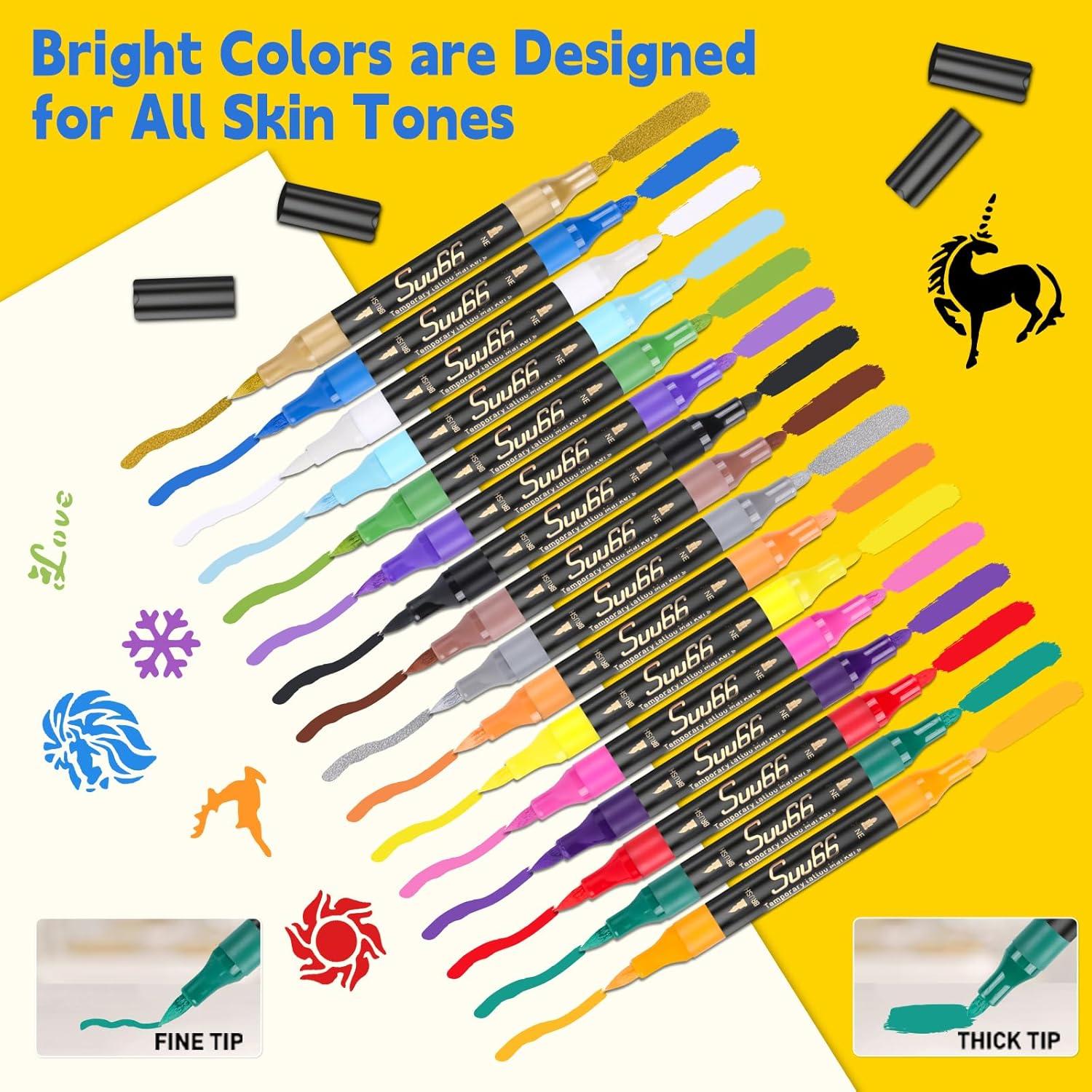 Kit de Marcadores de Tatuajes Temporales Suu66 - 16 Colores, 80 Plantillas