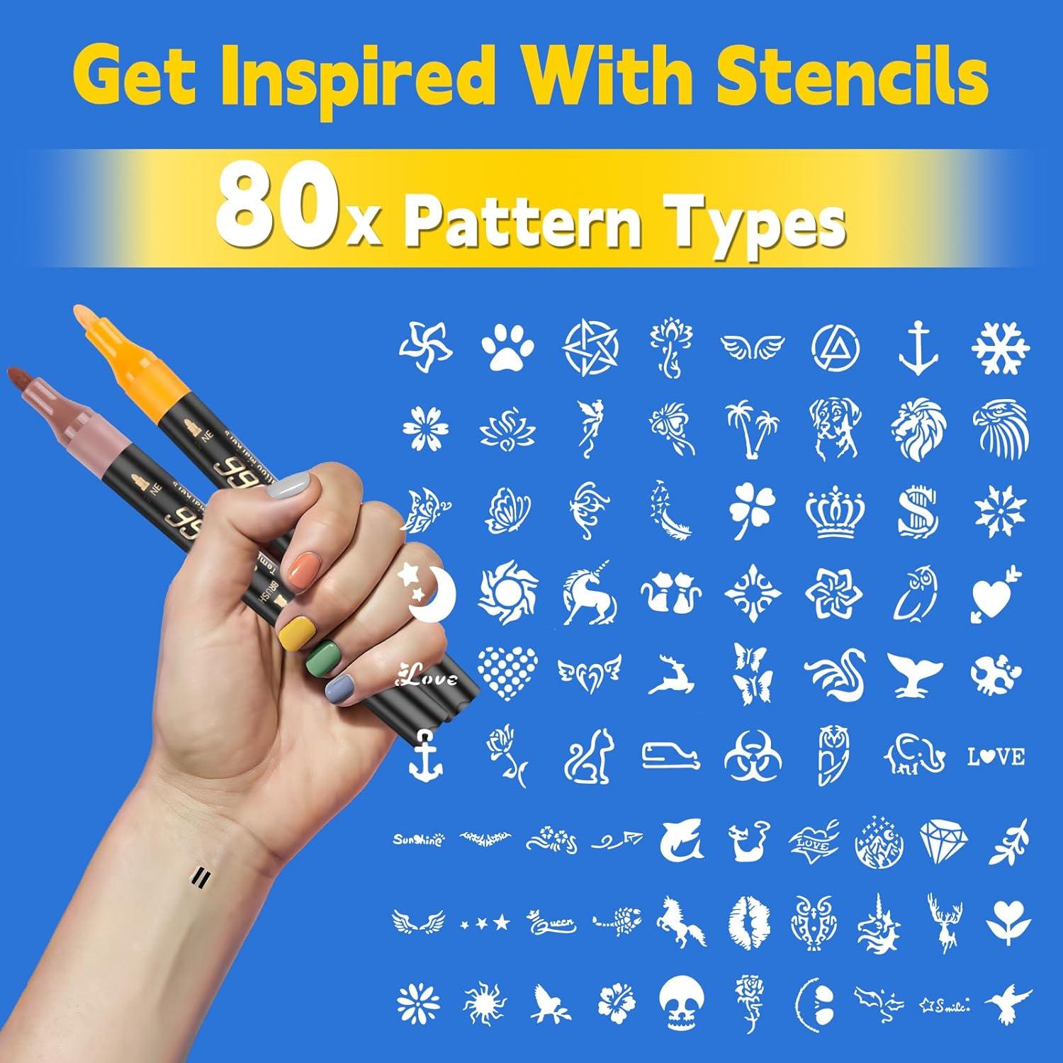 Kit de Marcadores de Tatuajes Temporales Suu66 - 16 Colores, 80 Plantillas