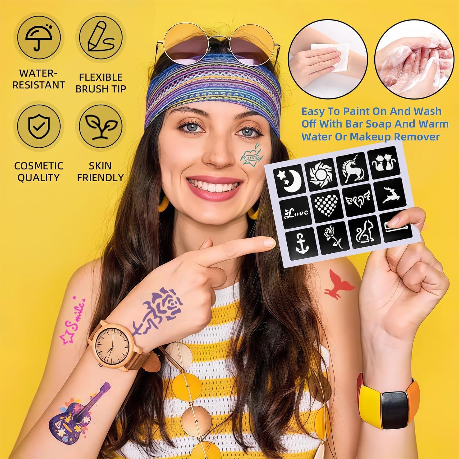 Kit de Marcadores de Tatuajes Temporales Suu66 - 16 Colores, 80 Plantillas