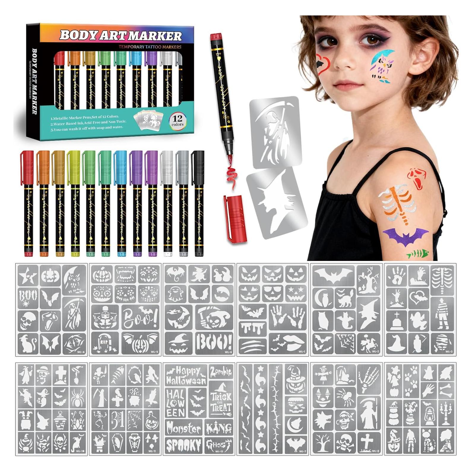 Kit de Marcadores de Tatuajes Temporales BASIFA - 12 Colores + 135 Plantillas