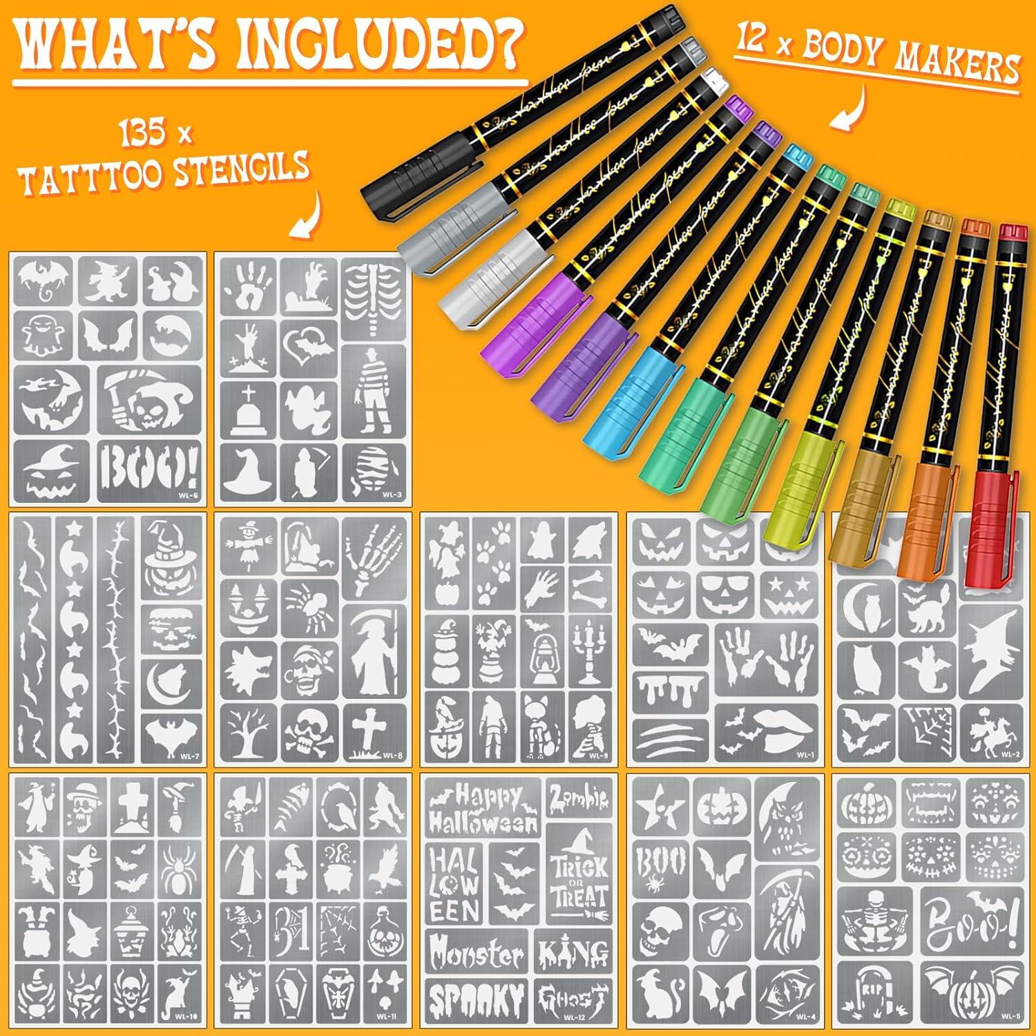 Kit de Marcadores de Tatuajes Temporales BASIFA - 12 Colores + 135 Plantillas