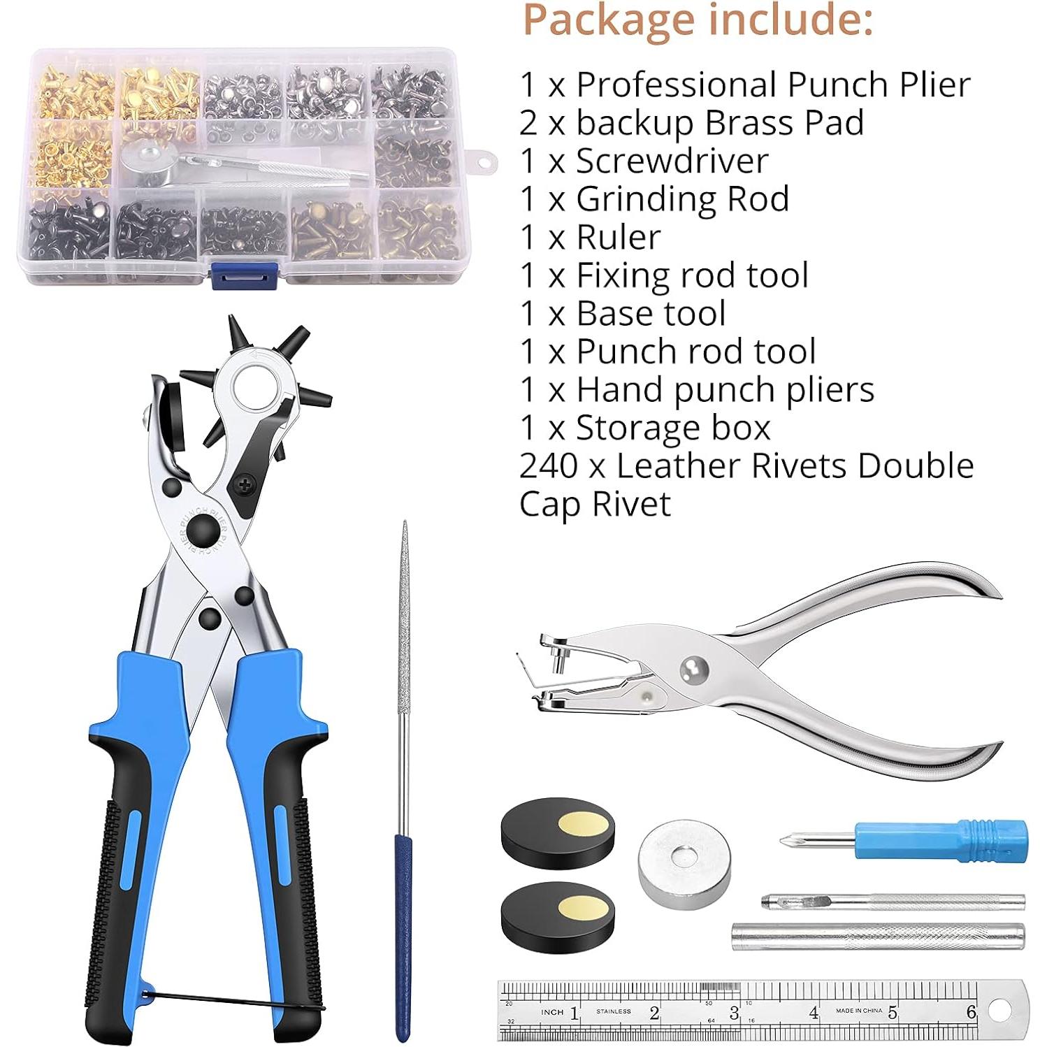 Juego de Perforación de Cuero Kamtop - 240 Remaches y Alicates