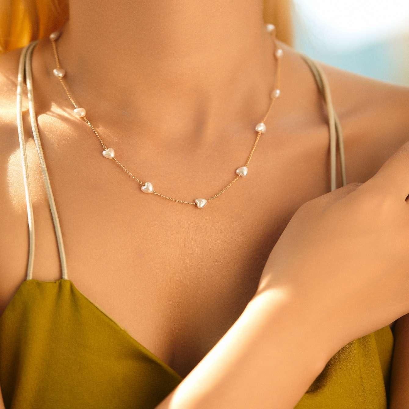 Collar de Perlas en Forma de Corazón Oro 14K Ajustable