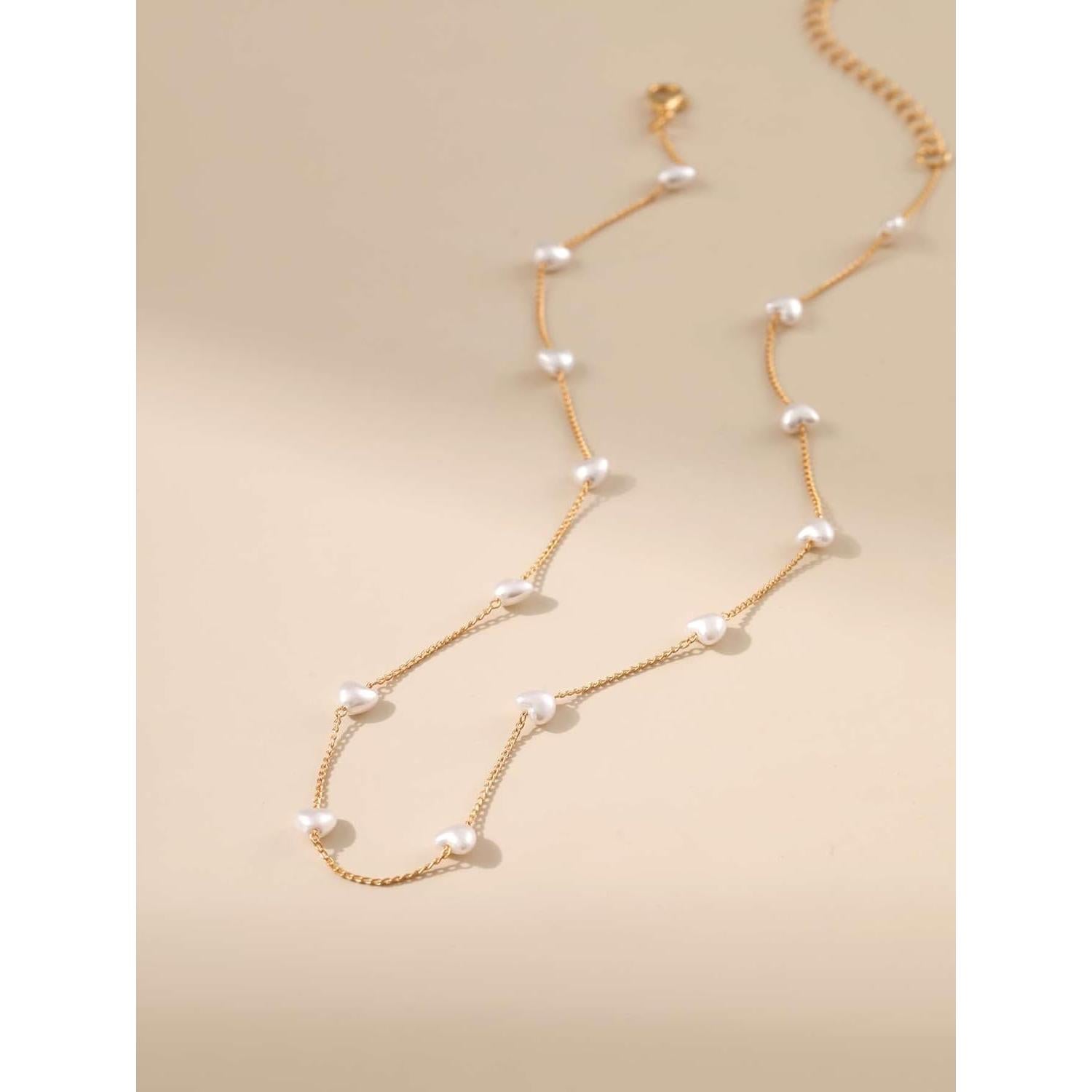 Collar de Perlas en Forma de Corazón Oro 14K Ajustable