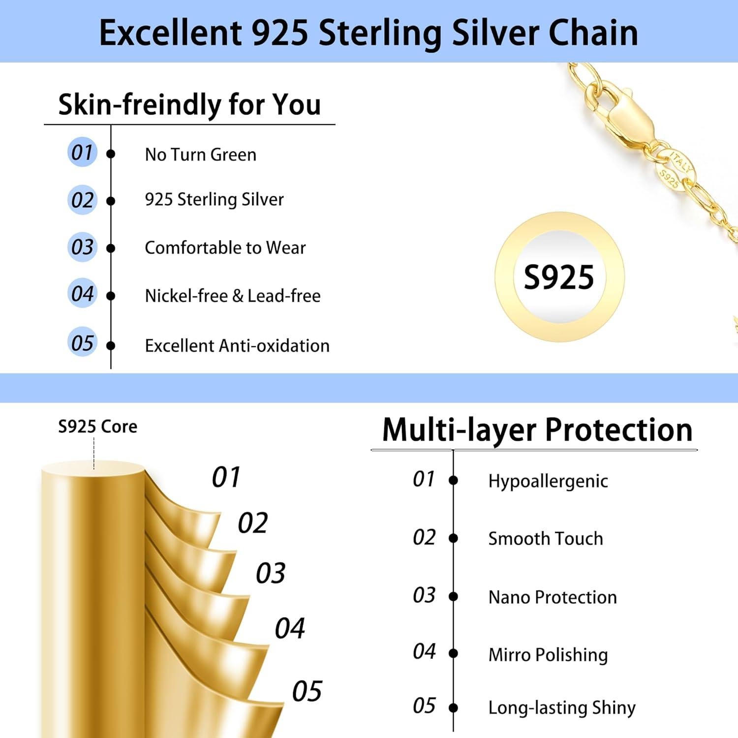 Collar de Cadena de Plata Esterlina 925 Baño de Oro 18K Jewlpire 55.88 cm