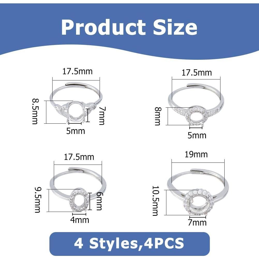 4 Piezas Anillos Ajustables Plata Esterlina para Joyería DIY