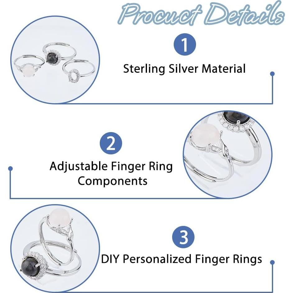 4 Piezas Anillos Ajustables Plata Esterlina para Joyería DIY