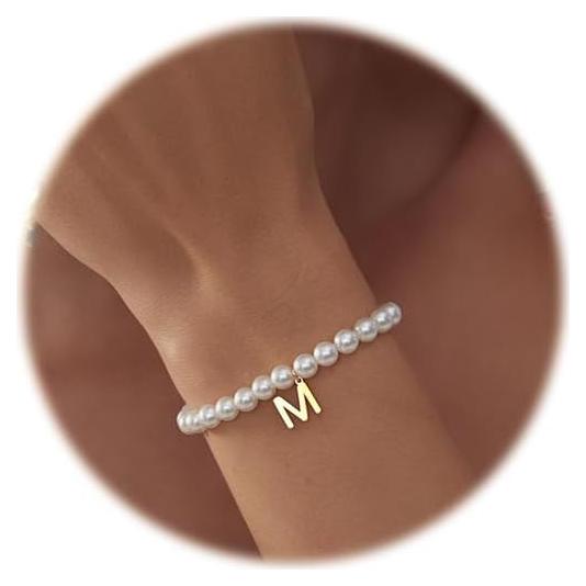 Pulsera Inicial de Perla Dorada STYDAZZ Ajustable 14K