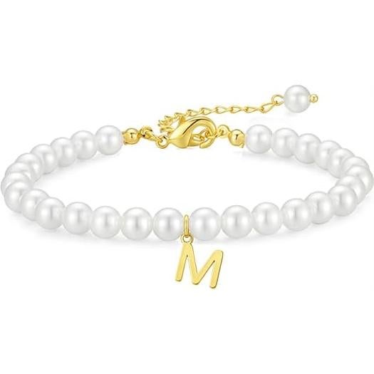 Pulsera Inicial de Perla Dorada STYDAZZ Ajustable 14K