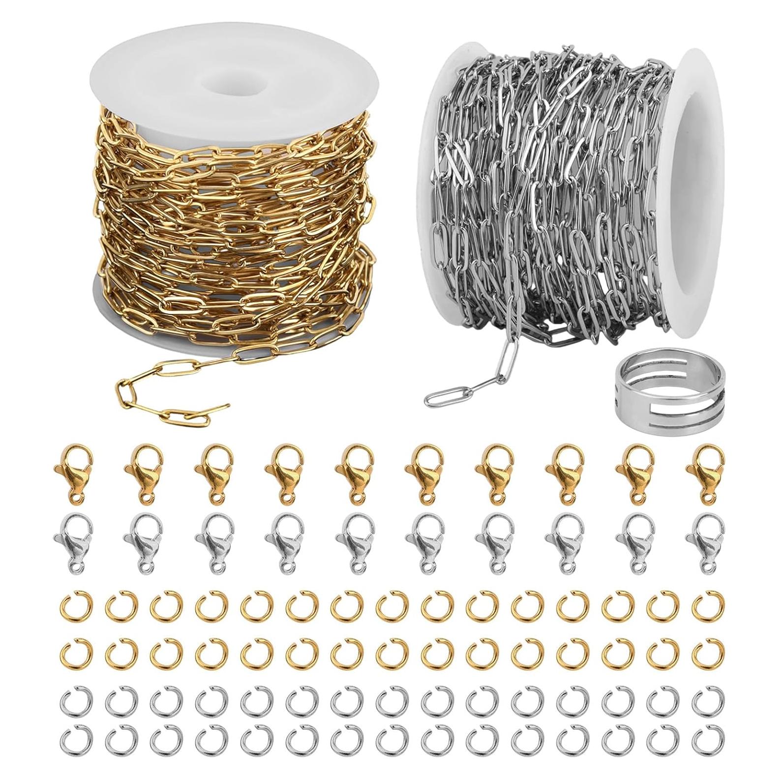 Kit de Fabricación de Joyería Goktvai - 2 Rollos de Cadena de Acero Inoxidable 10m