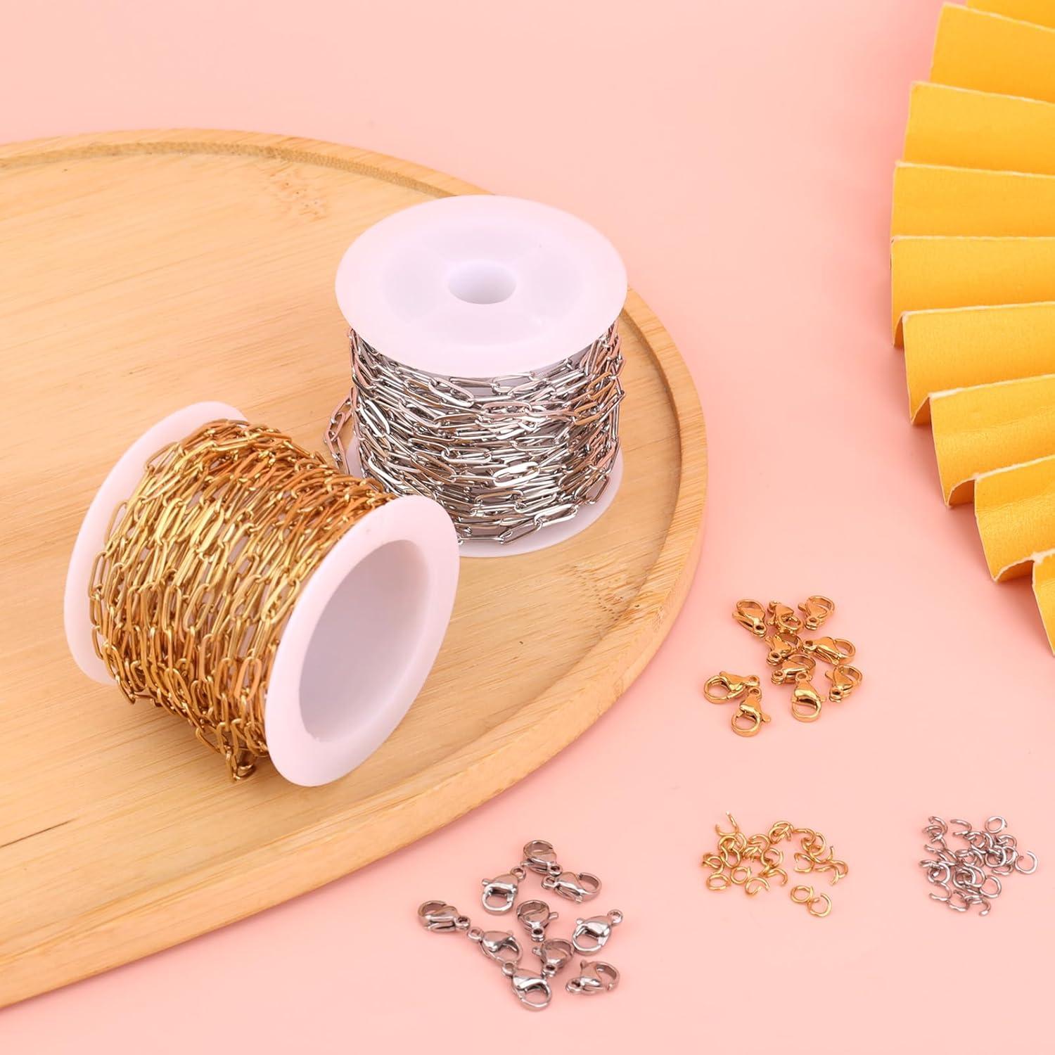 Kit de Fabricación de Joyería Goktvai - 2 Rollos de Cadena de Acero Inoxidable 10m