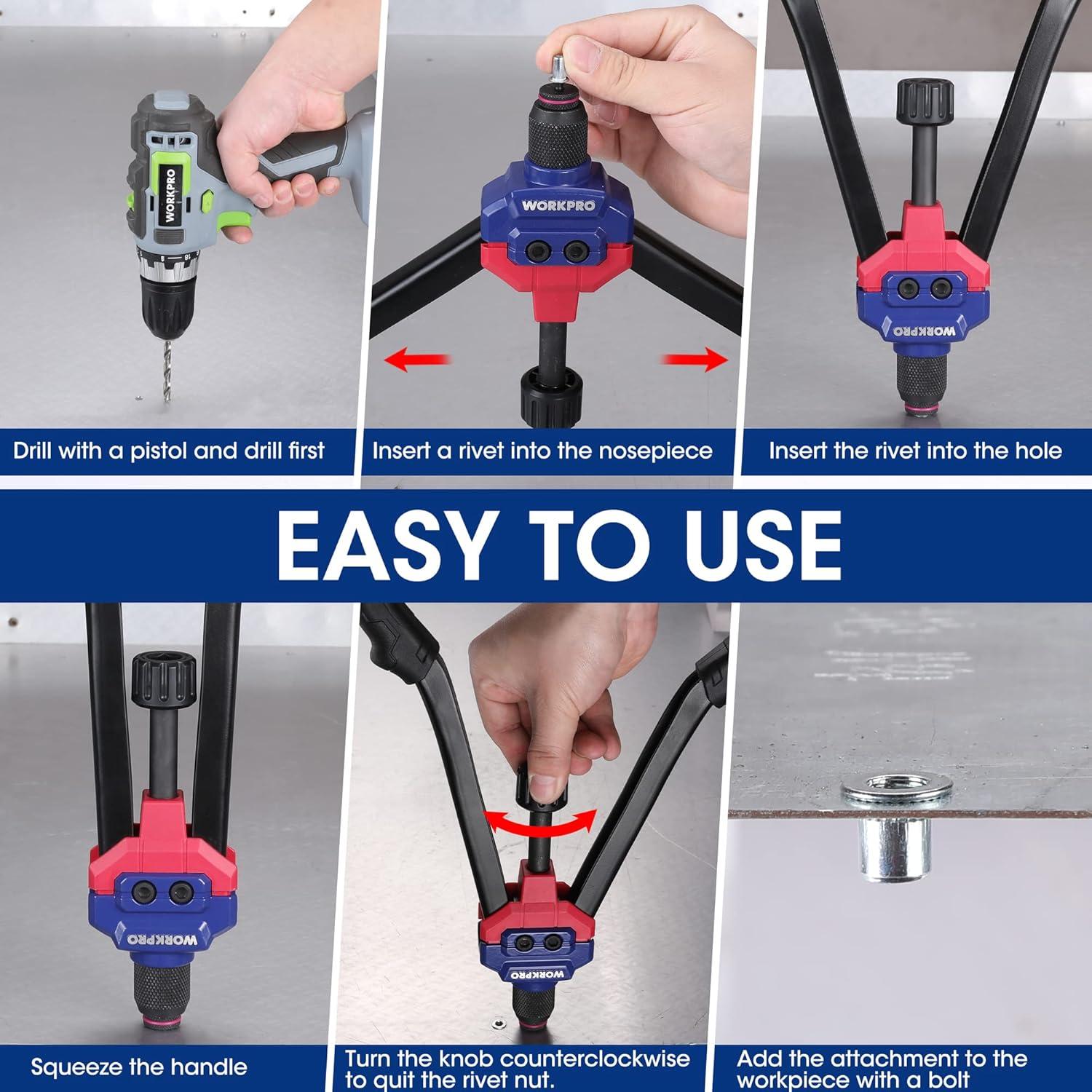 Remachadora Manual de Tuerca WORKPRO 11 Mandriles 185 Pcs