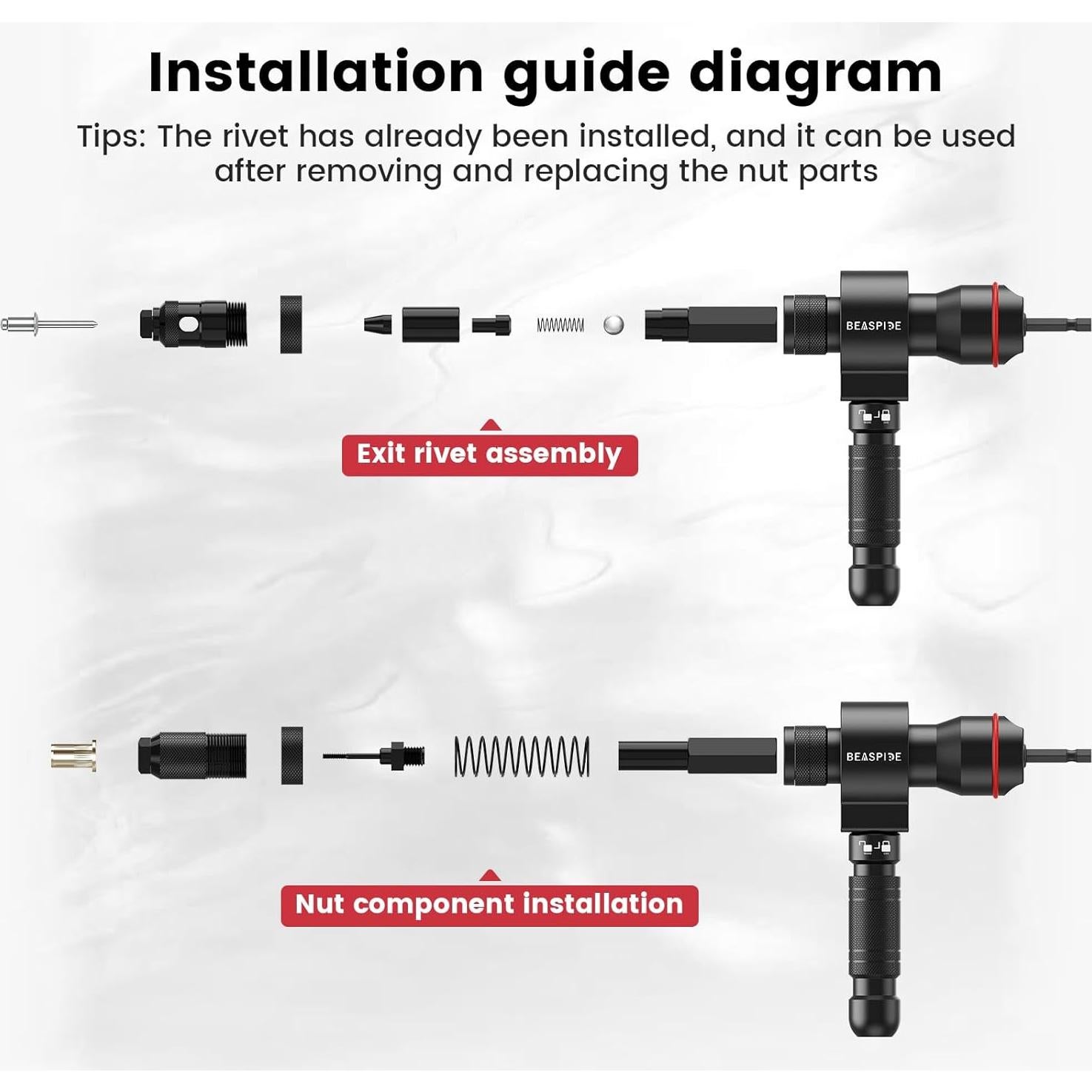 Adaptador de pistola de remaches Beaspire 2 en 1 con 7 mandriles