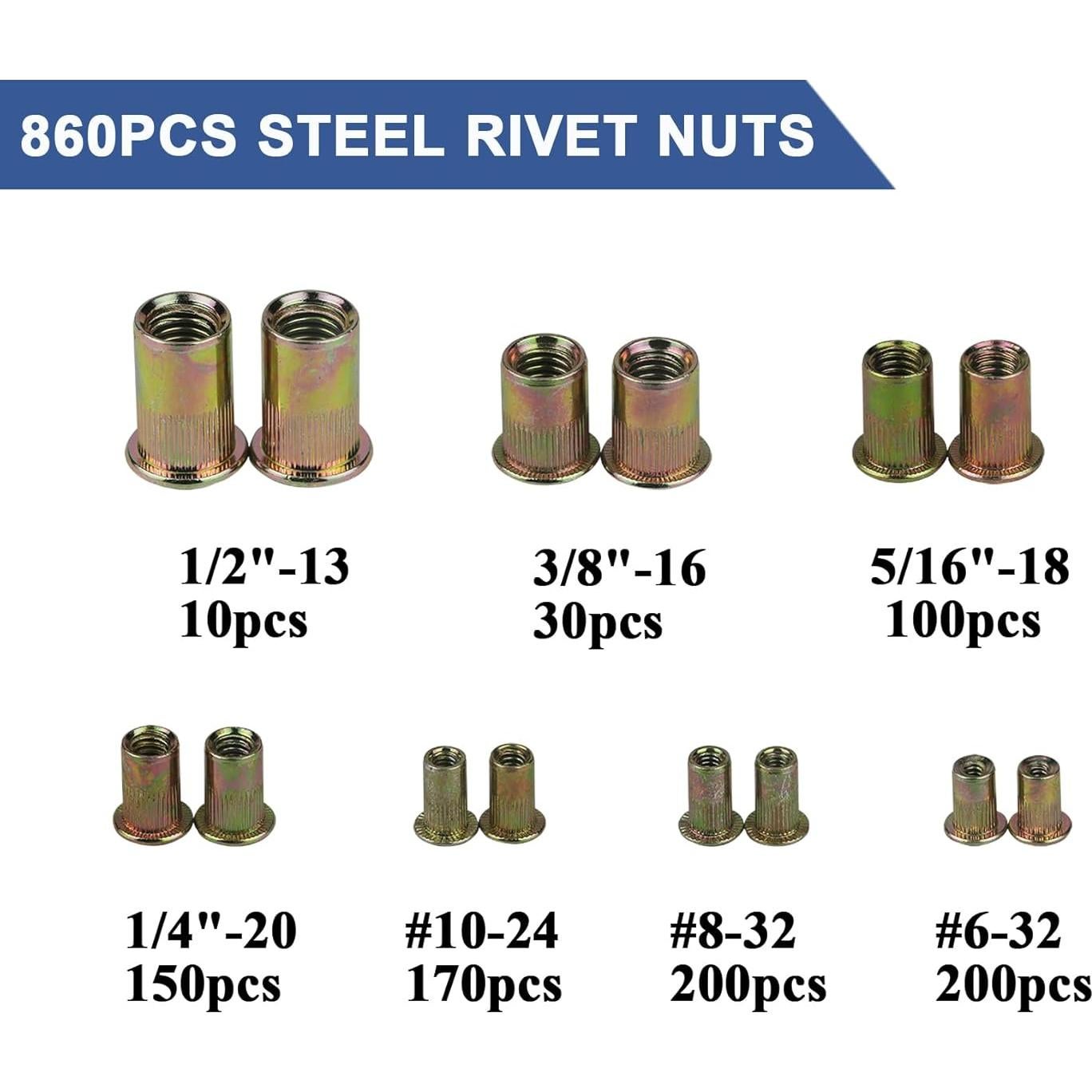 Kit de 860 Tuercas Remachadas TR TOOLROCK SAE UNC 6#-32 a 1/2"