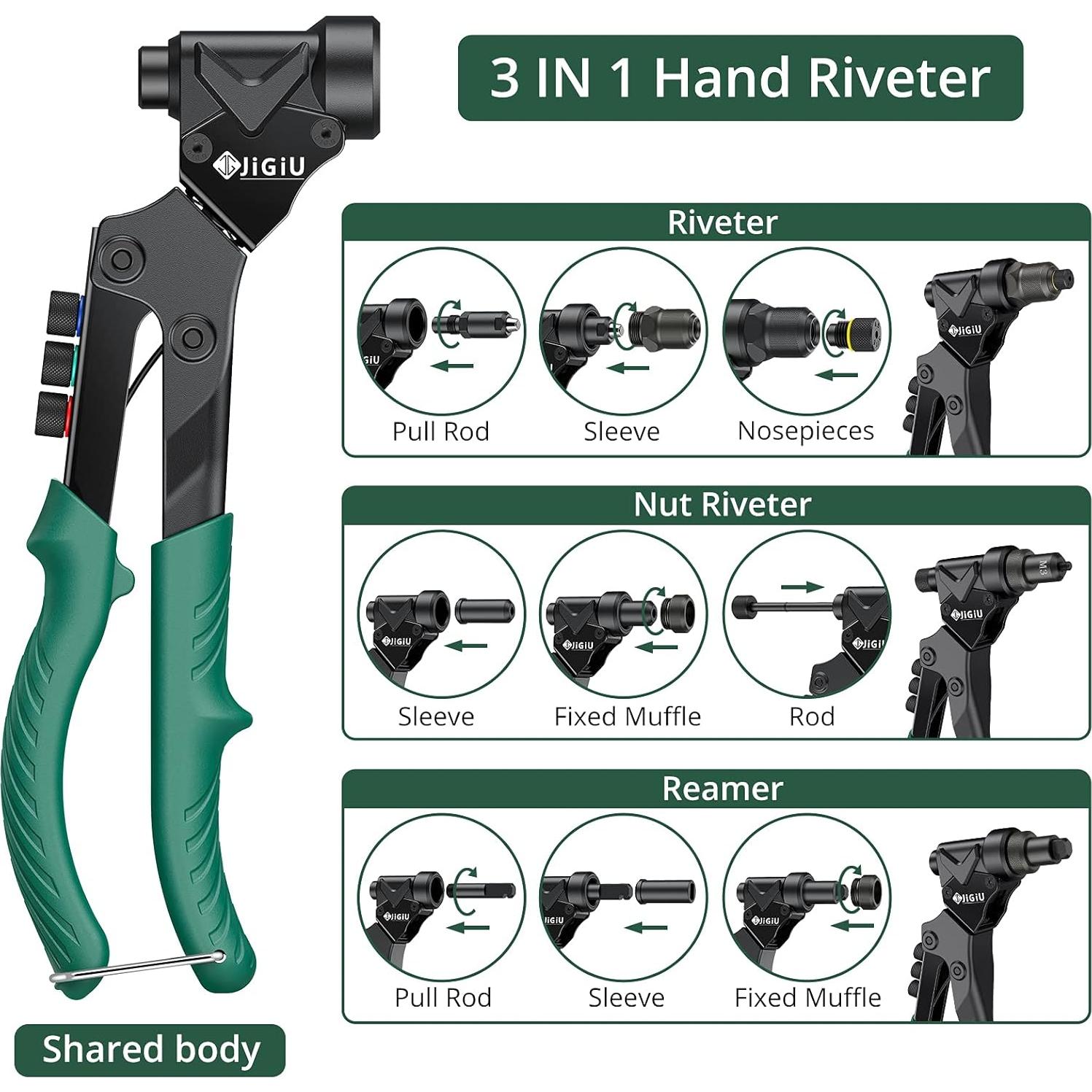 JiGiU Herramienta Remachadora 3 en 1 con 40 Remaches y Tuercas