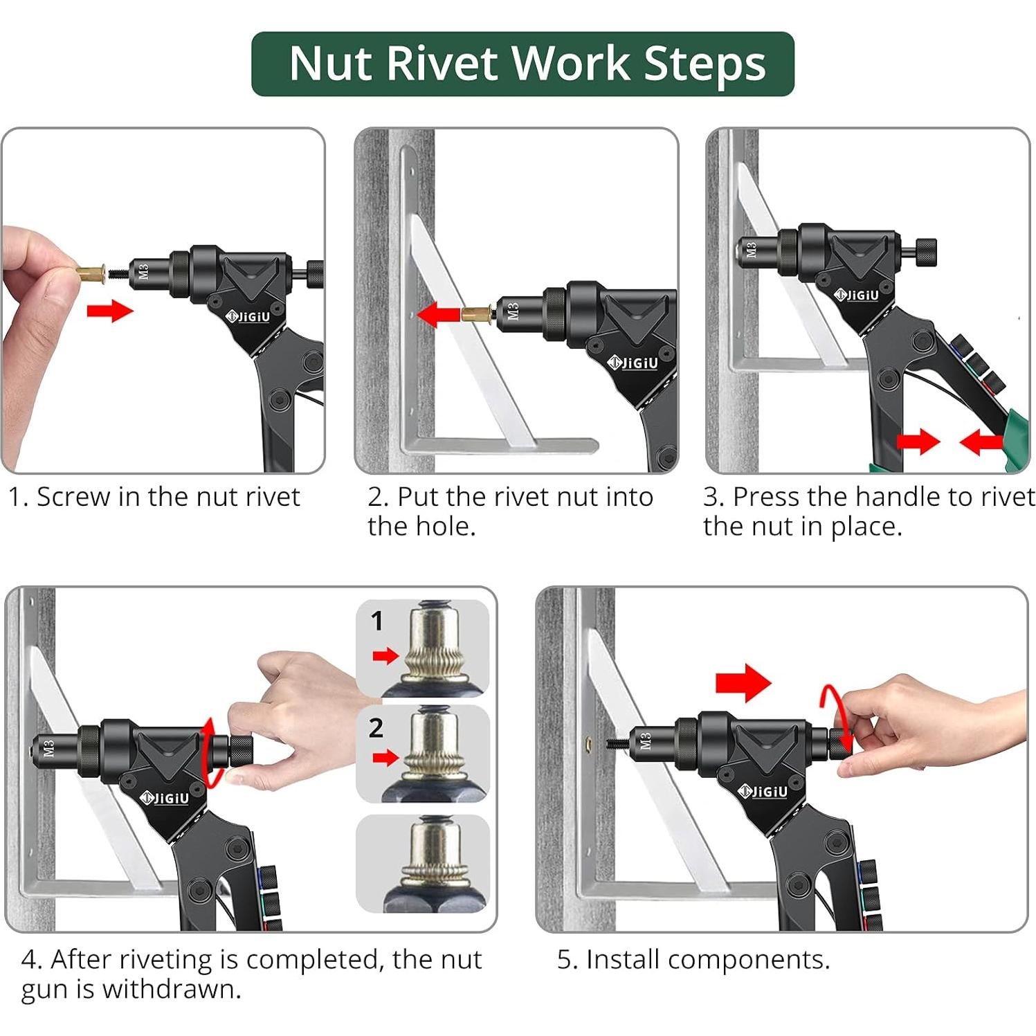 JiGiU Herramienta Remachadora 3 en 1 con 40 Remaches y Tuercas
