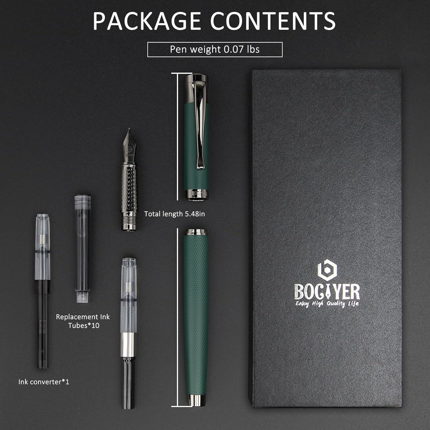 Pluma Fuente Bociyer Verde de Lujo con 10 Cartuchos de Tinta