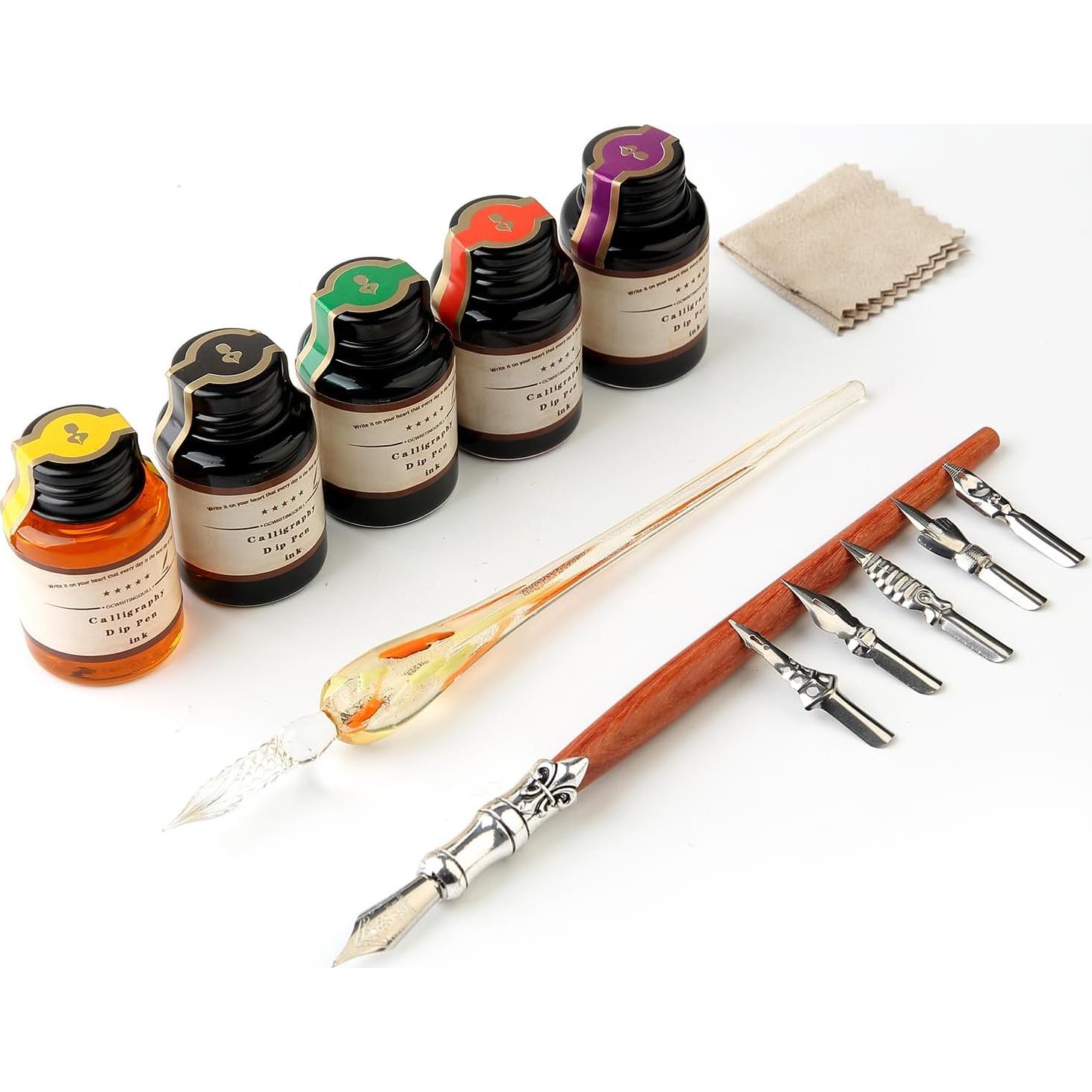 Juego de Caligrafía GC QUILL MU-02 con Plumas de Madera y Vidrio