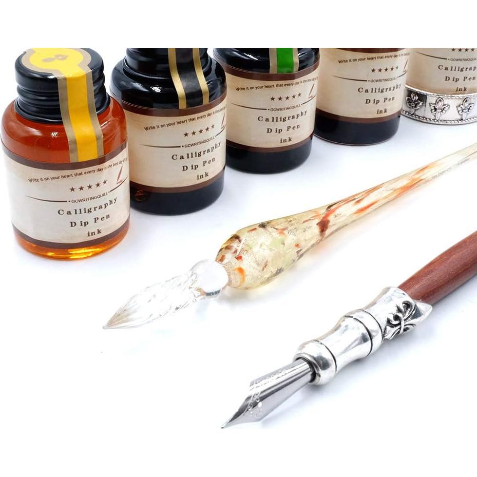 Juego de Caligrafía GC QUILL MU-02 con Plumas de Madera y Vidrio