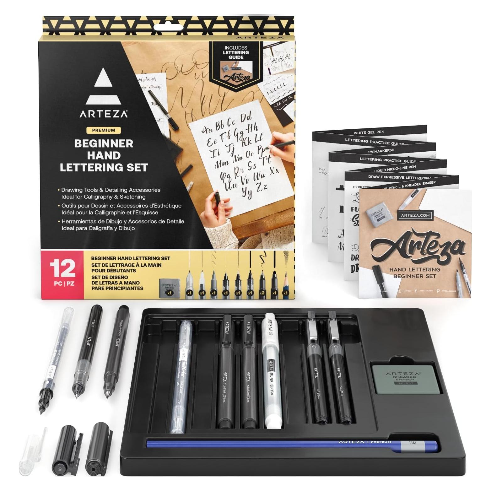 Kit de Caligrafía Arteza 12 Plumas + Lápiz y Borrador