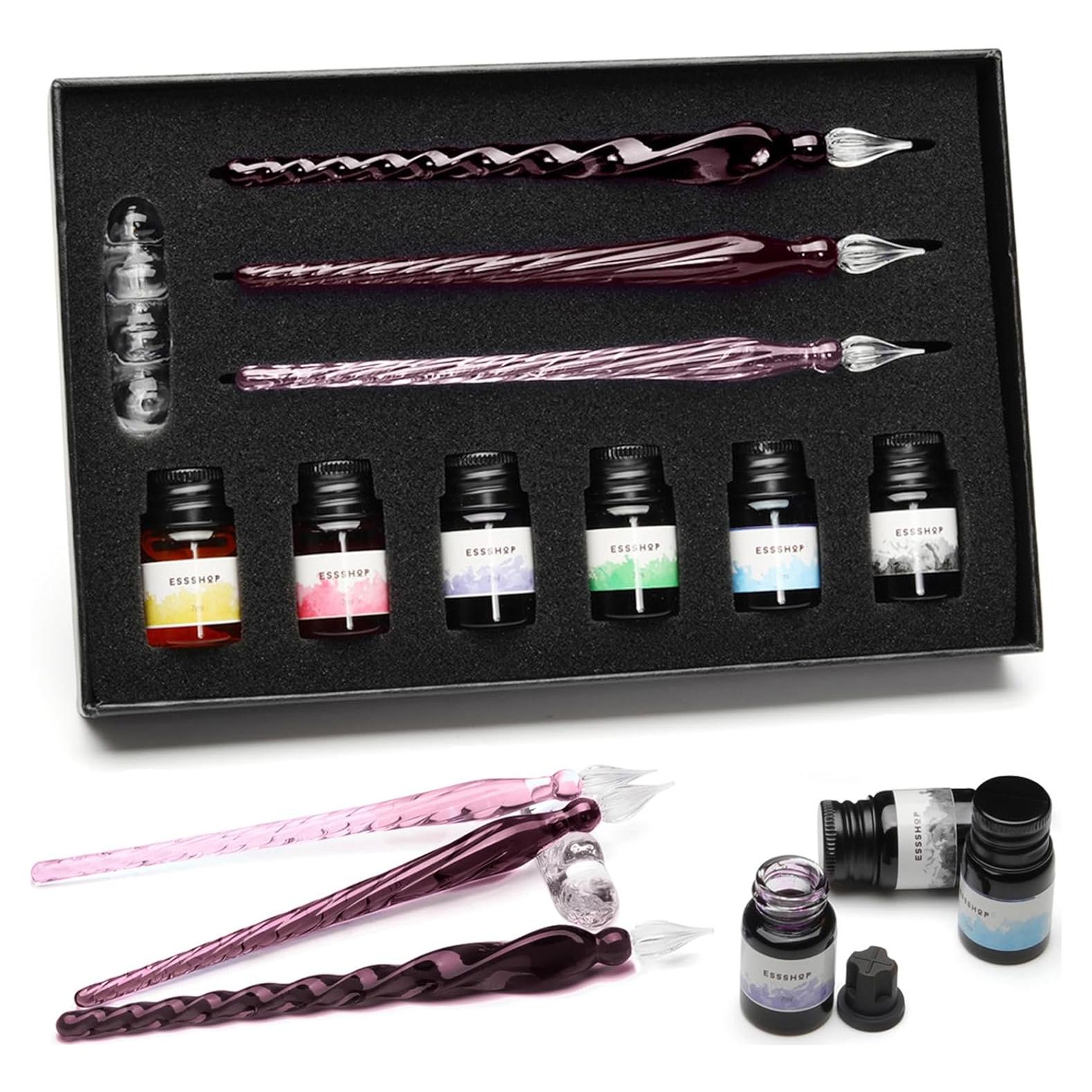 Juego de Plumas de Cristal ESSHOP - 3 Plumas y Tinta Multicolor