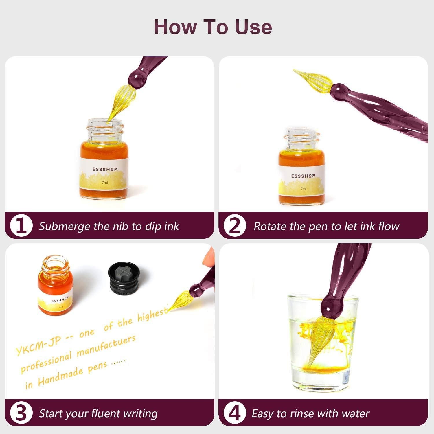 Juego de Plumas de Cristal ESSHOP - 3 Plumas y Tinta Multicolor