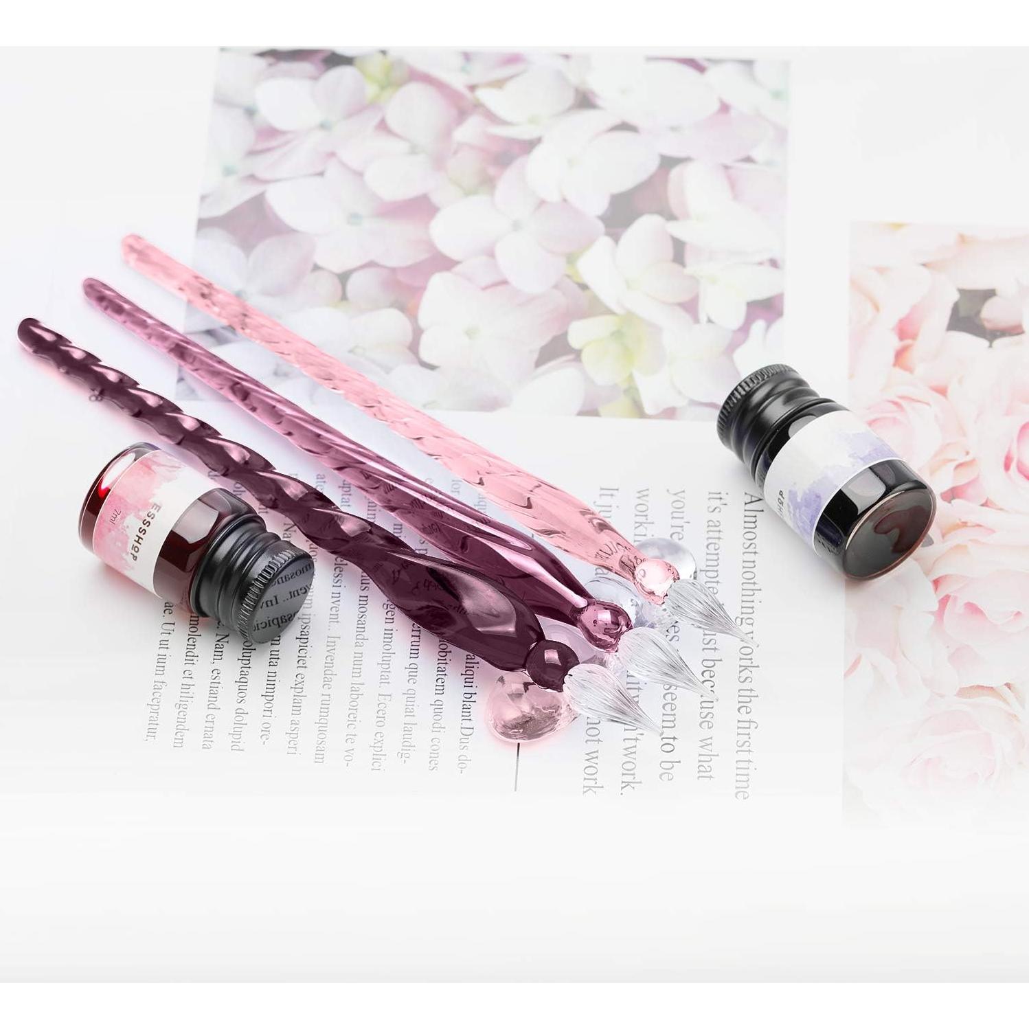 Juego de Plumas de Cristal ESSHOP - 3 Plumas y Tinta Multicolor