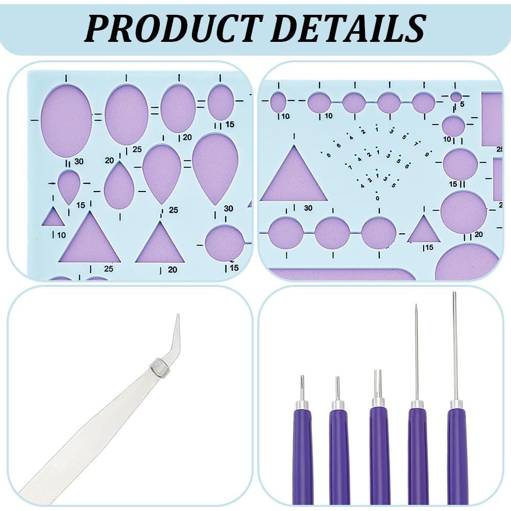 WEBEEDY 7 PCS Paper Quilling Tools Kit for Adult Beginners Slotted Quilling Tool Set with Geometry Ruler,Slotted Pens and Tweezer Different Sizes Paper Quilling Accessory DIY Paper Craft Tool
