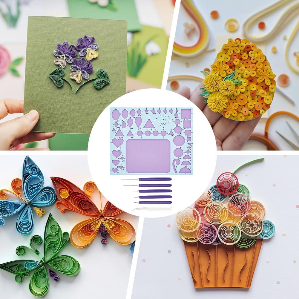 WEBEEDY 7 PCS Paper Quilling Tools Kit for Adult Beginners Slotted Quilling Tool Set with Geometry Ruler,Slotted Pens and Tweezer Different Sizes Paper Quilling Accessory DIY Paper Craft Tool