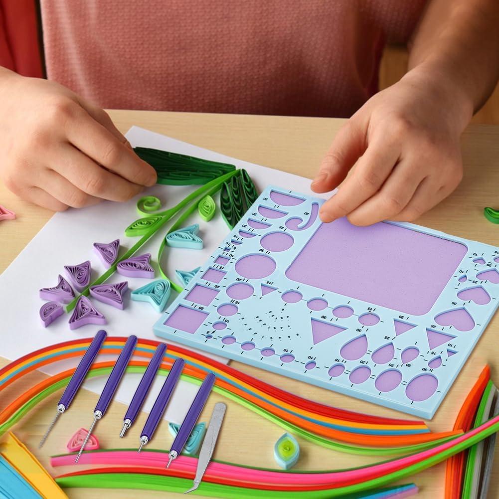 WEBEEDY 7 PCS Paper Quilling Tools Kit for Adult Beginners Slotted Quilling Tool Set with Geometry Ruler,Slotted Pens and Tweezer Different Sizes Paper Quilling Accessory DIY Paper Craft Tool