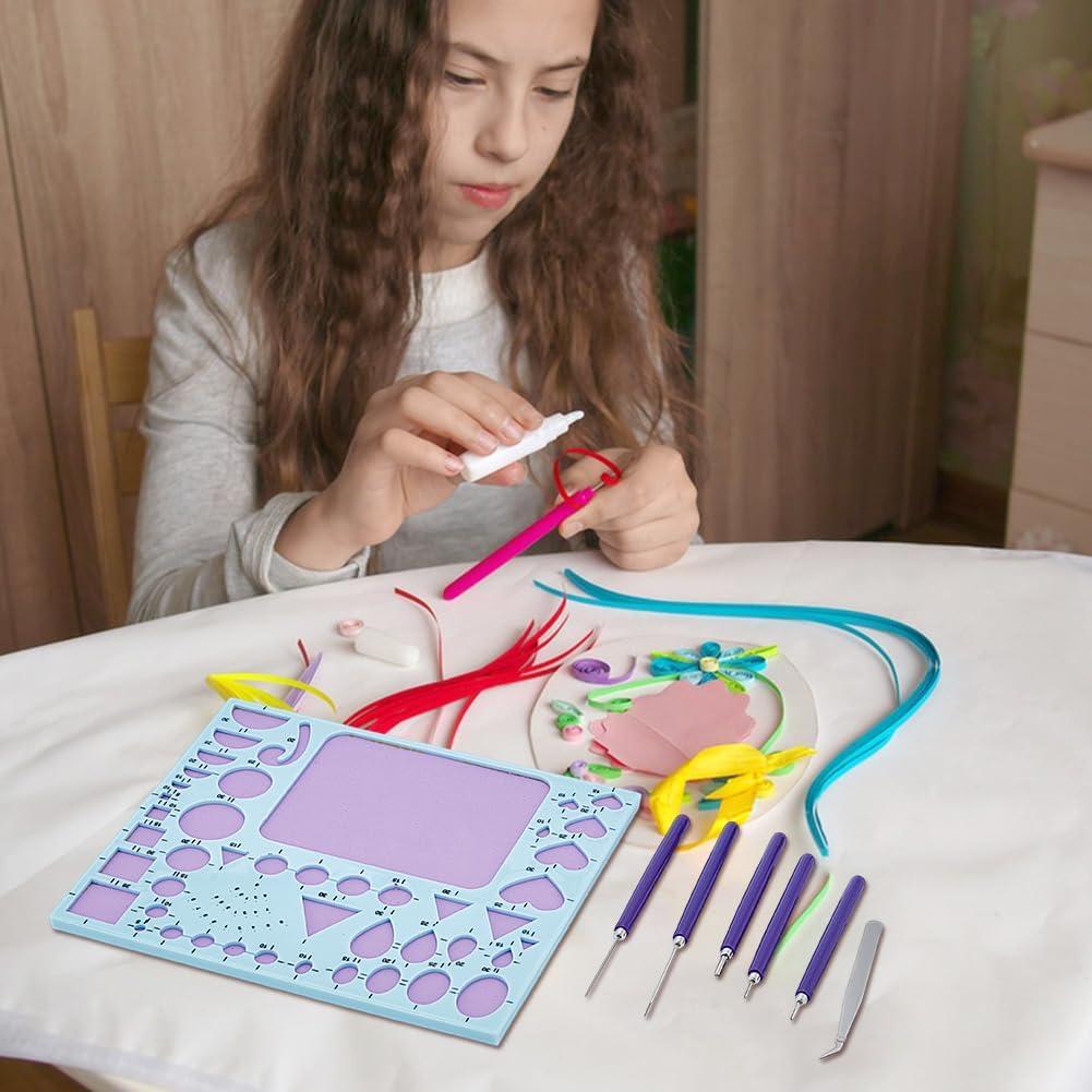 WEBEEDY 7 PCS Paper Quilling Tools Kit for Adult Beginners Slotted Quilling Tool Set with Geometry Ruler,Slotted Pens and Tweezer Different Sizes Paper Quilling Accessory DIY Paper Craft Tool